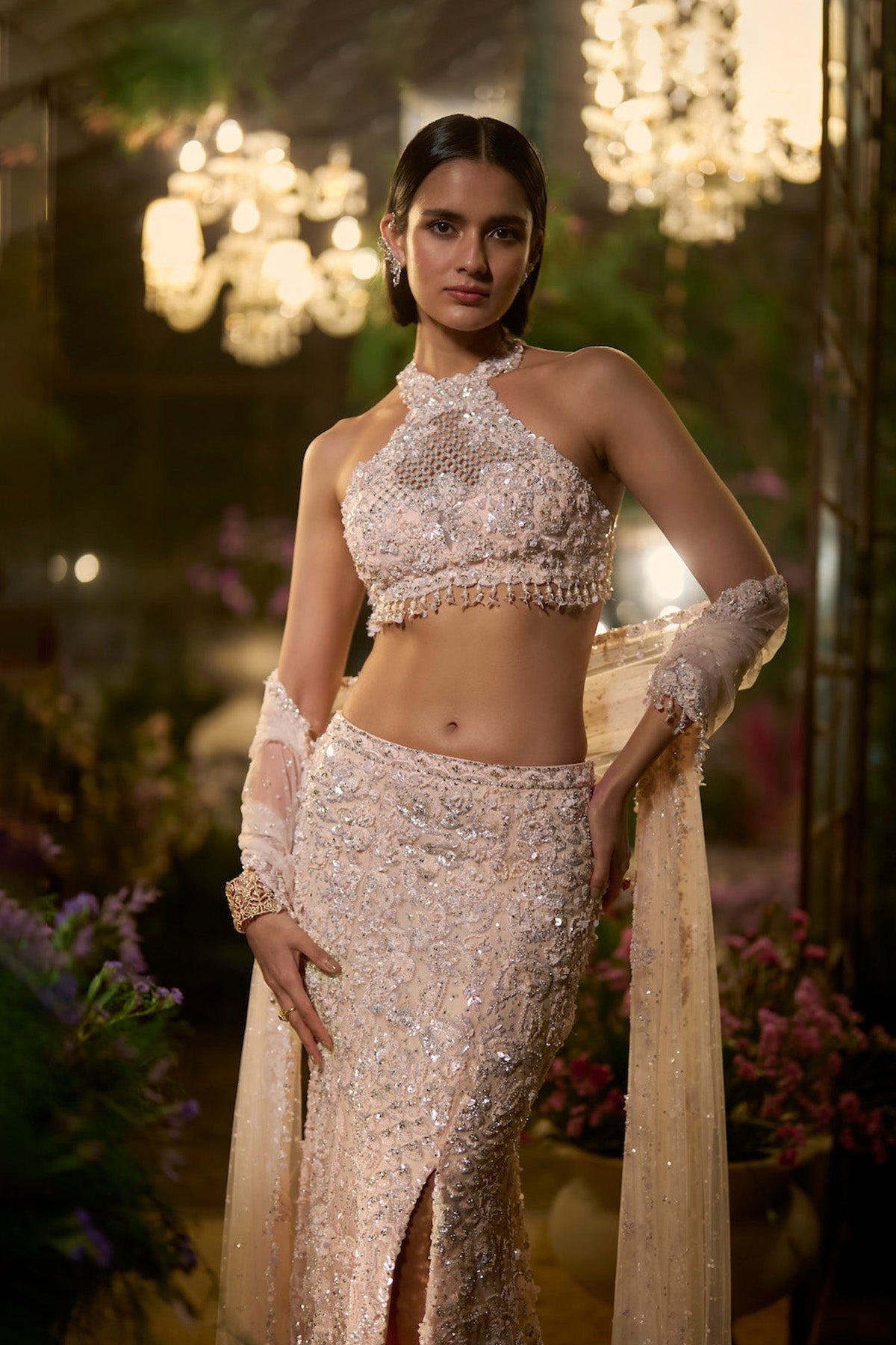 Powder Peach Slit Skirt Set