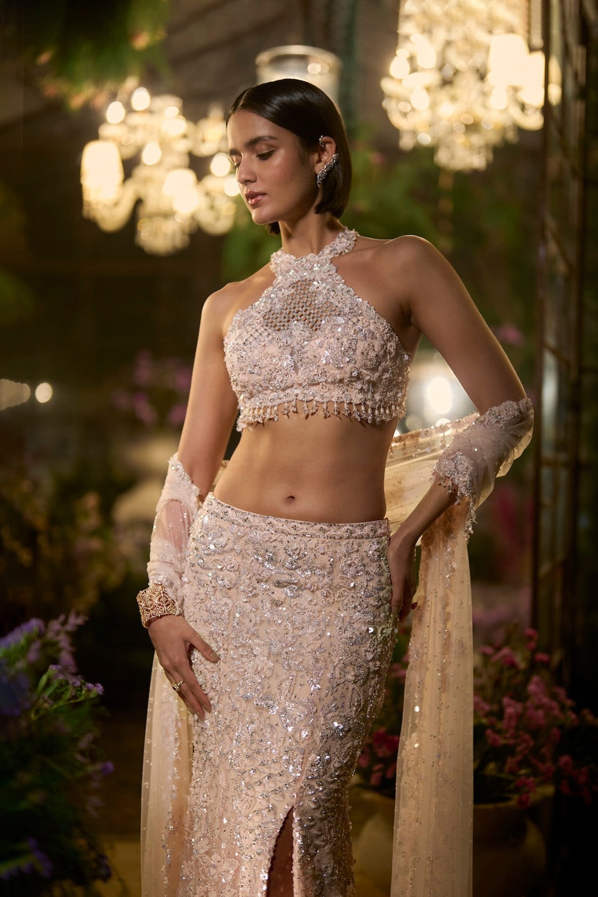 Powder Peach Slit Skirt Set