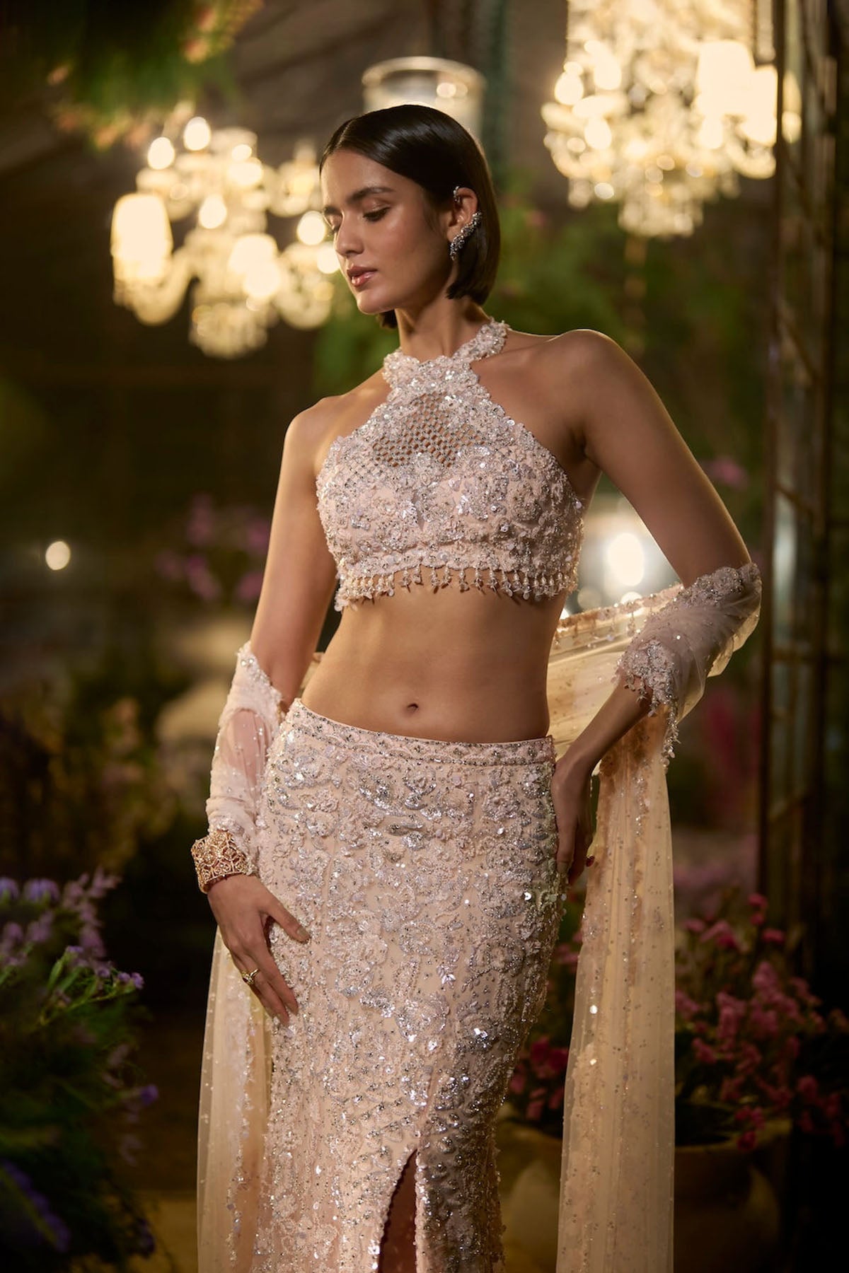 Powder Peach Slit Skirt Set