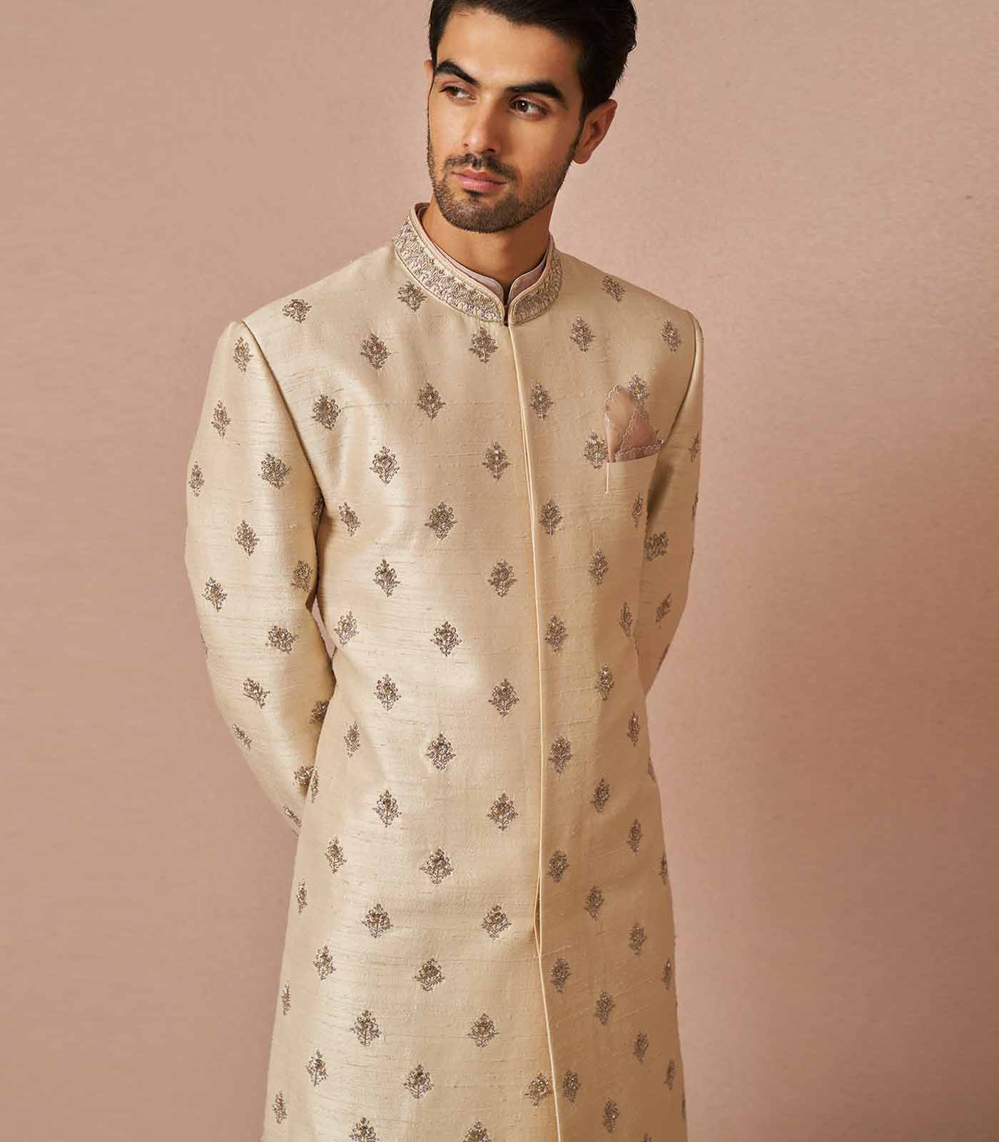 IVORY RAWSILK BUTTI EMBROIDERED SHERWANI SET WITH ZARDOSI WORK