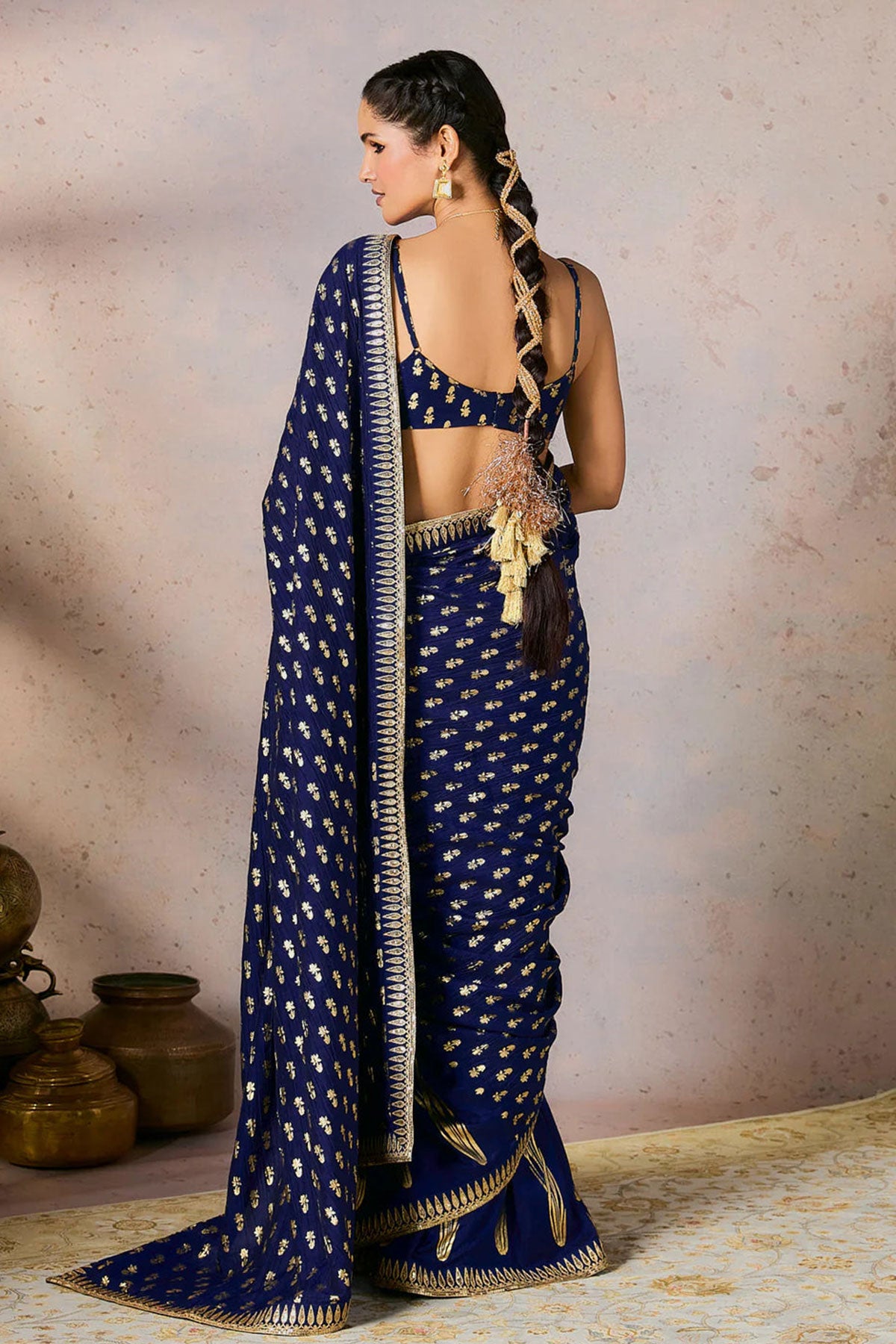 Blue Whispering Lily Crush Saree w/Blouse - Ready To Ship