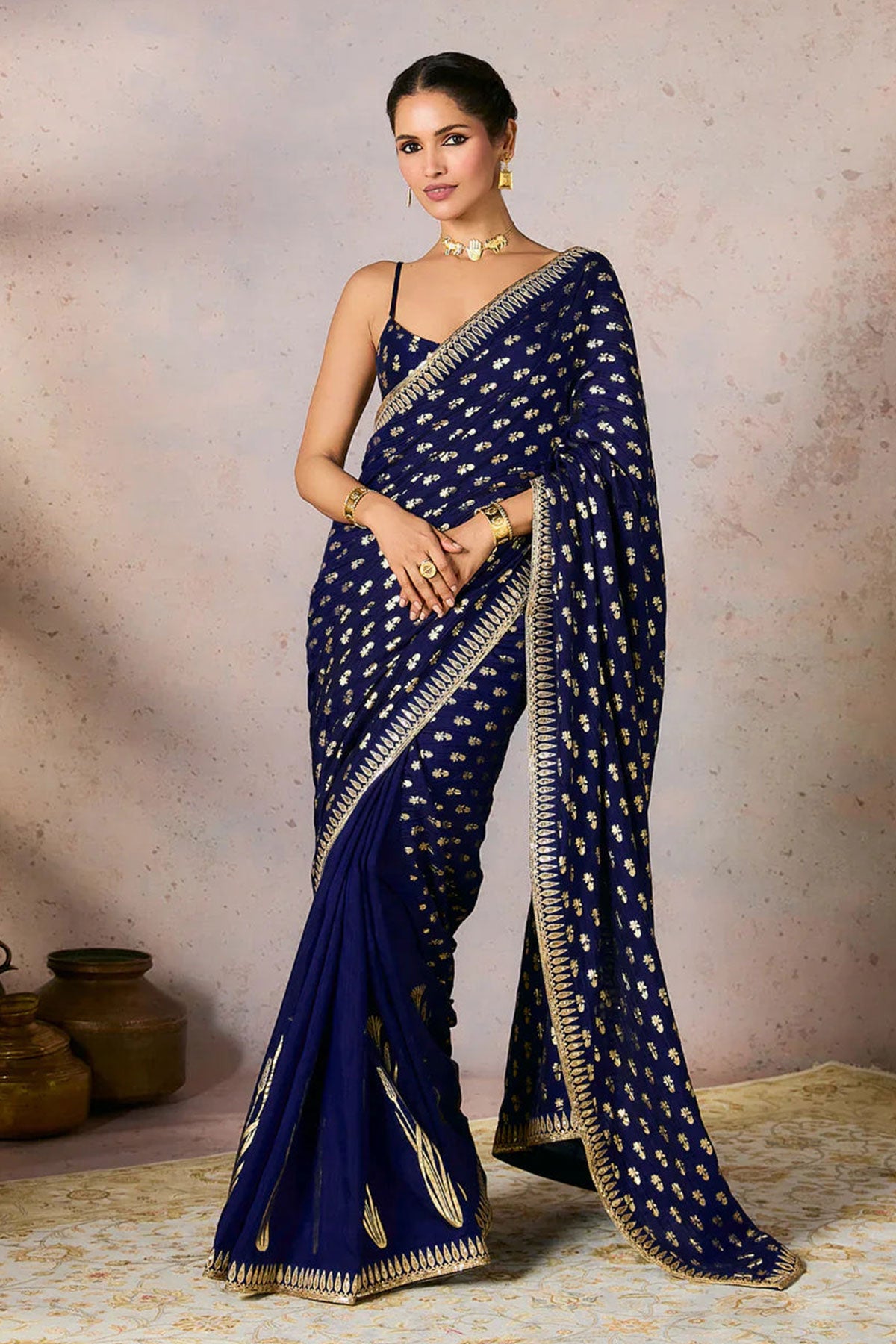 Blue Whispering Lily Crush Saree w/Blouse - Ready To Ship