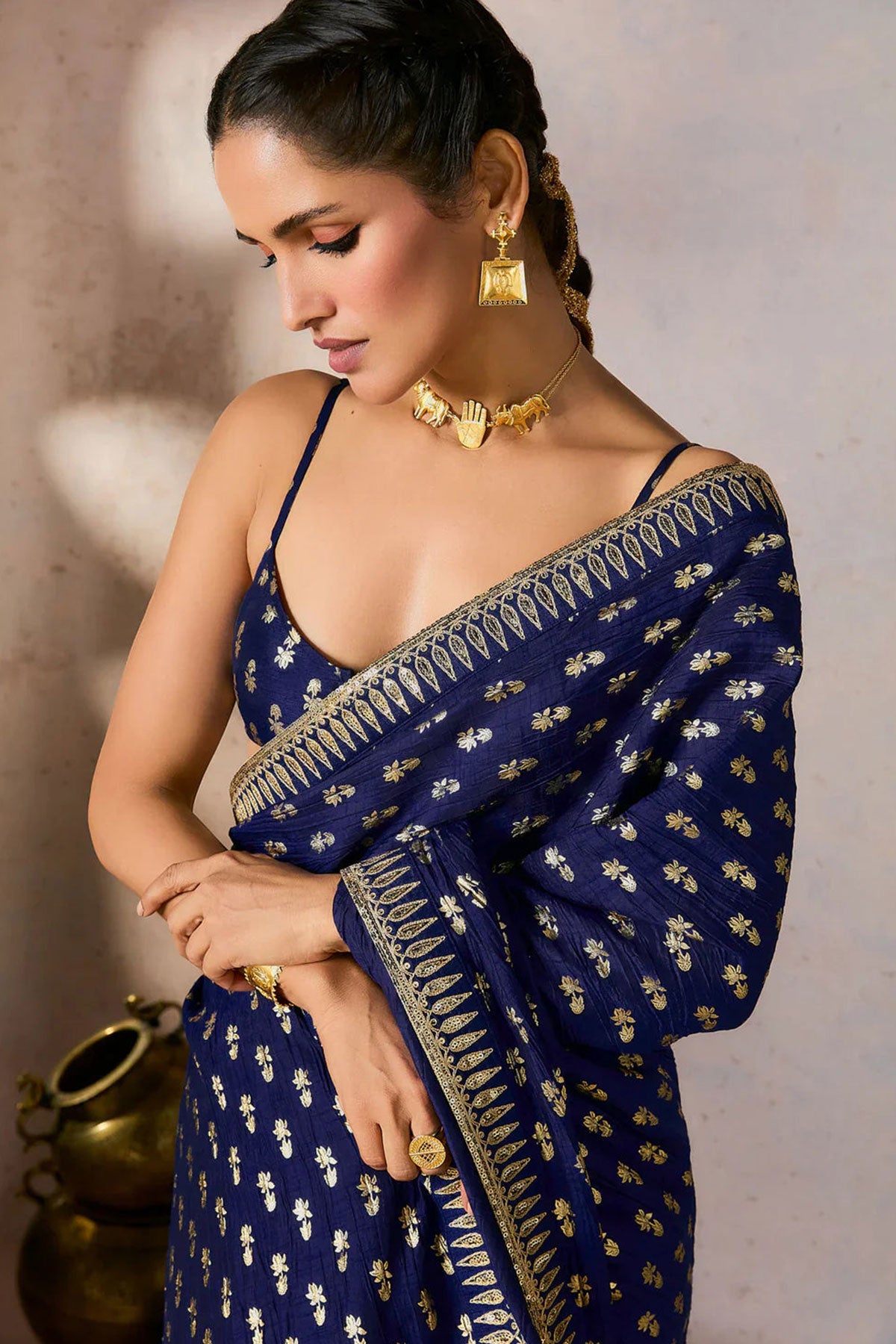 Blue Whispering Lily Crush Saree w/Blouse - Ready To Ship