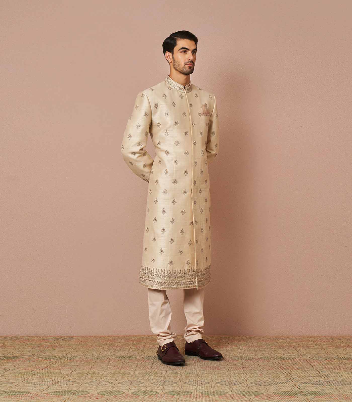 IVORY RAWSILK BUTTI EMBROIDERED SHERWANI SET WITH ZARDOSI WORK