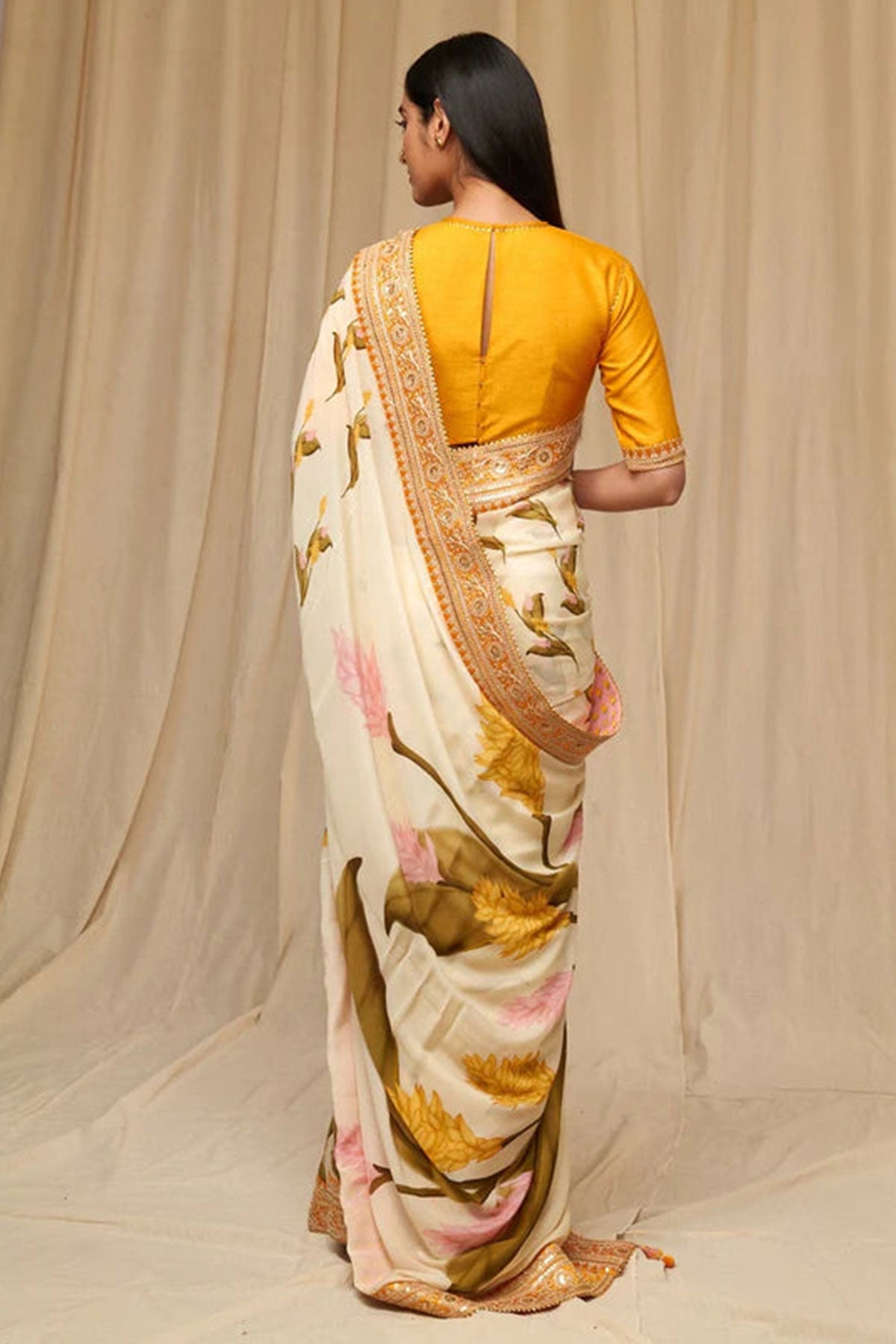 Ivory Floral Fantasy Saree w/Blouse - Ready To Ship