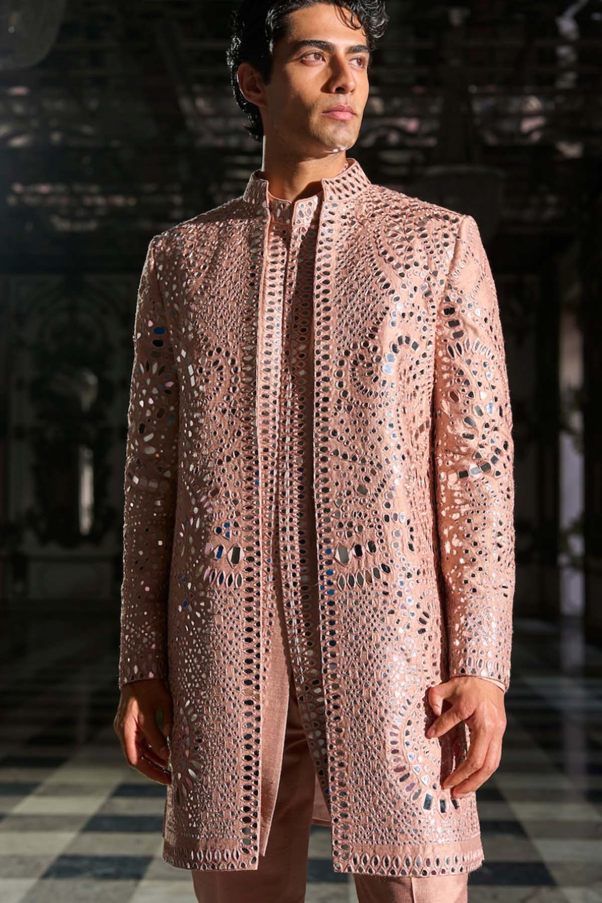 Rose Gold Mirror Work Sherwani Set