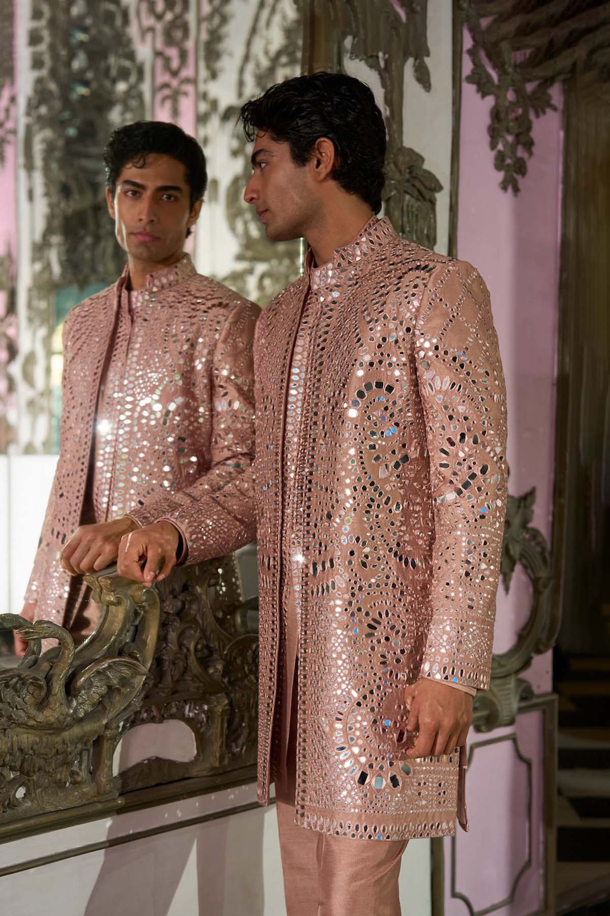 Rose Gold Mirror Work Sherwani Set