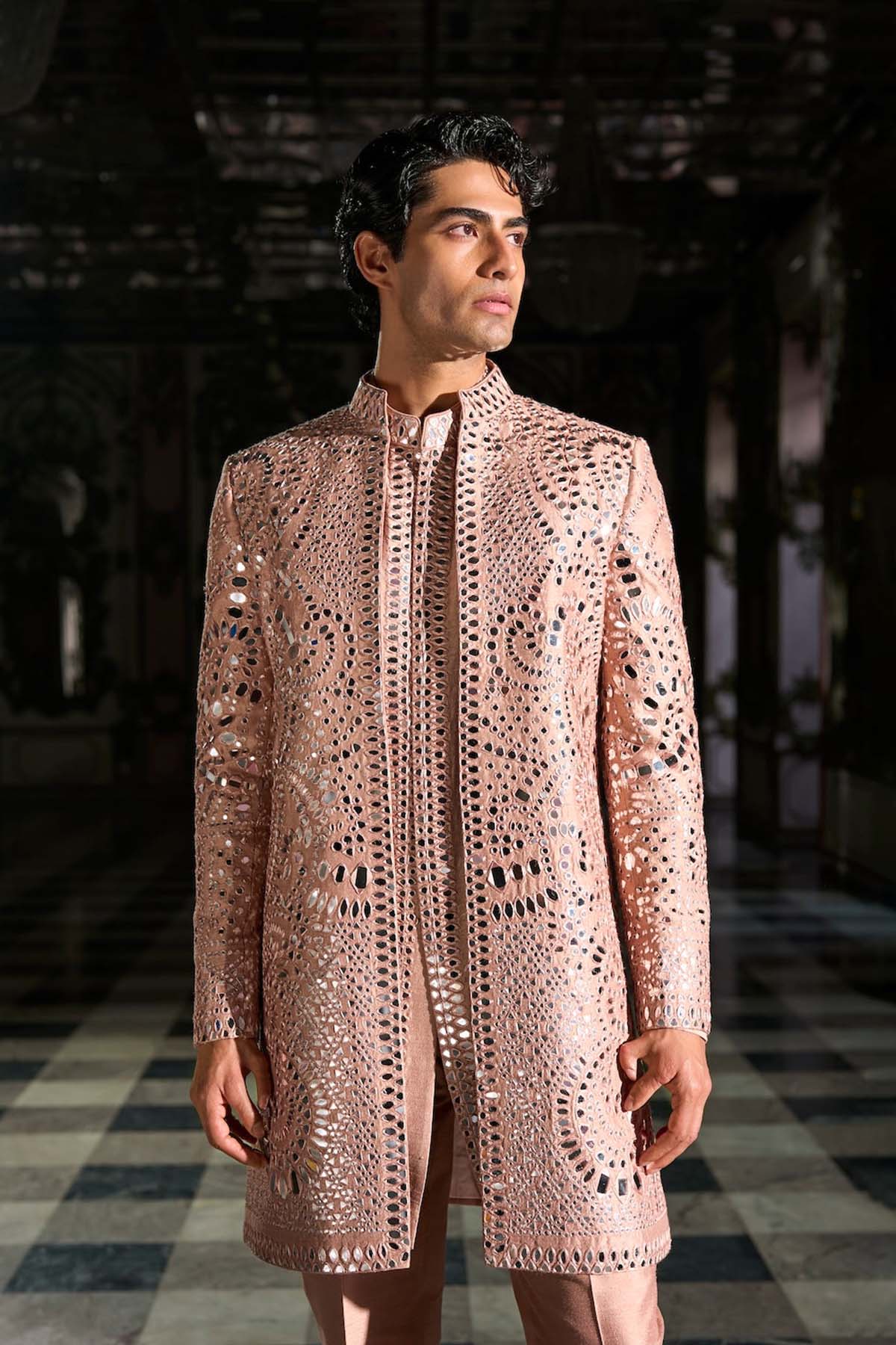 Rose Gold Mirror Work Sherwani Set