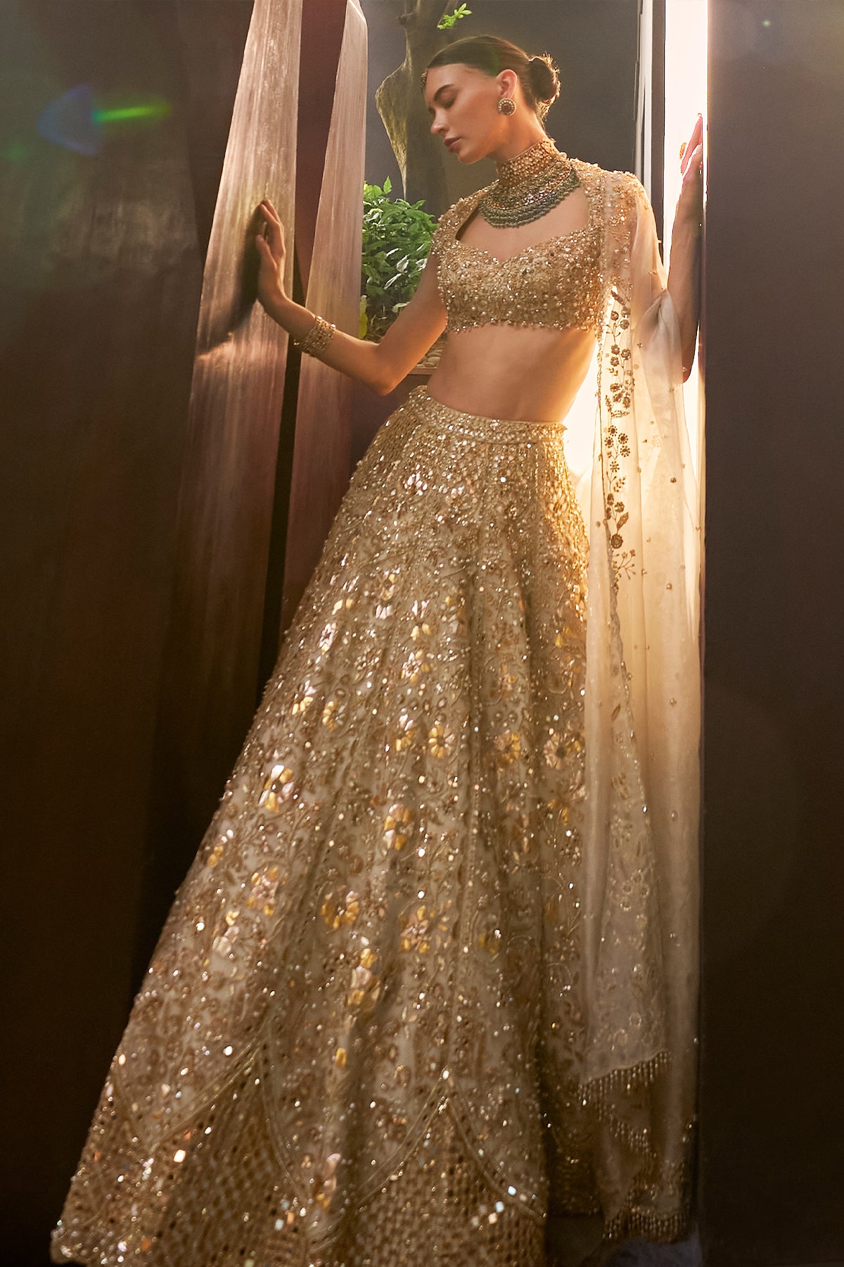 SILVER TISSUE MIRRORWORK LEHENGA SET