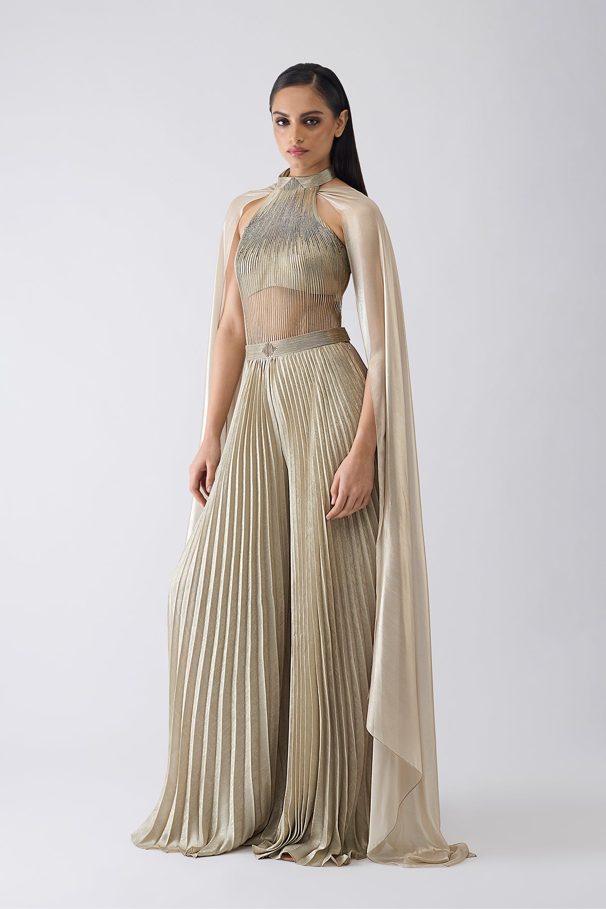 Corded Bodysuit With Pants And Drape On Both Shoulder