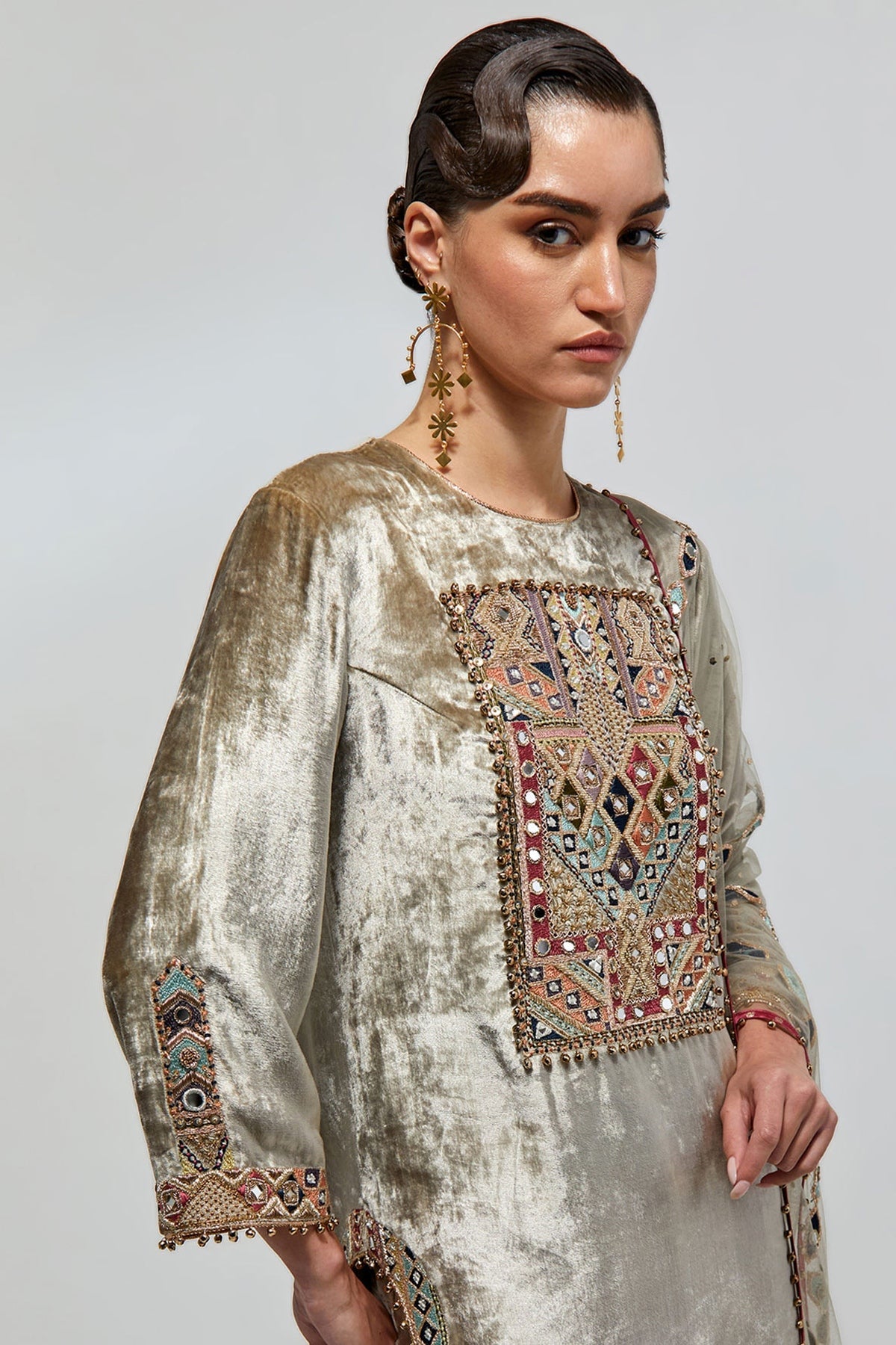 Amira Grey Velvet Embroidered Yoke Kurta With Palazzo And Mukaish Net Dupatta