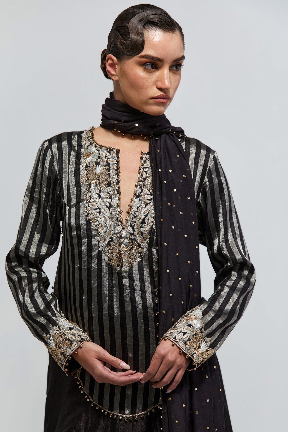 Nysa Black Stripe Tissue Embroidered Kurta With Farshi Salwar And Mukaish Silkmul Dupatta