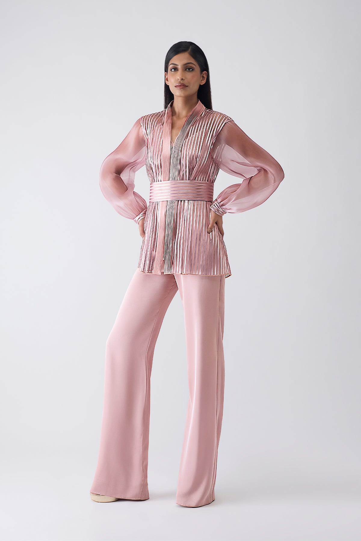 Metallic Structured Cape With Pants And Slip And Belt