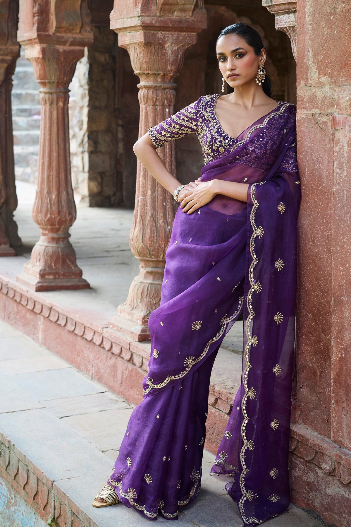 Purple Organza Saree Set