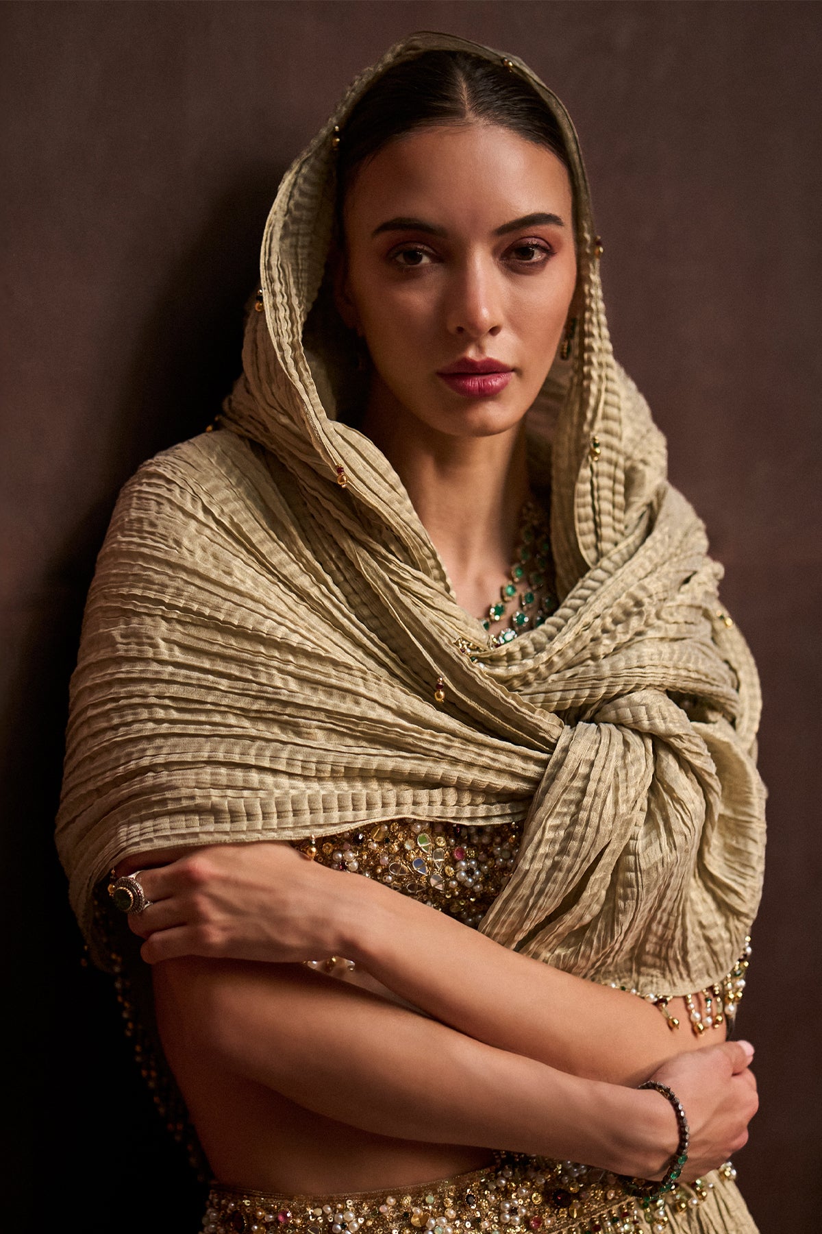 GOLDEN TISSUE CRUSH LEHENGA SET