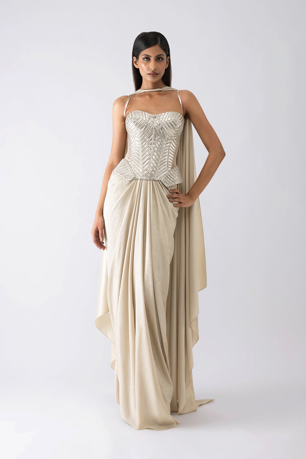 Metallic Structured Corset , Skirt And Drape