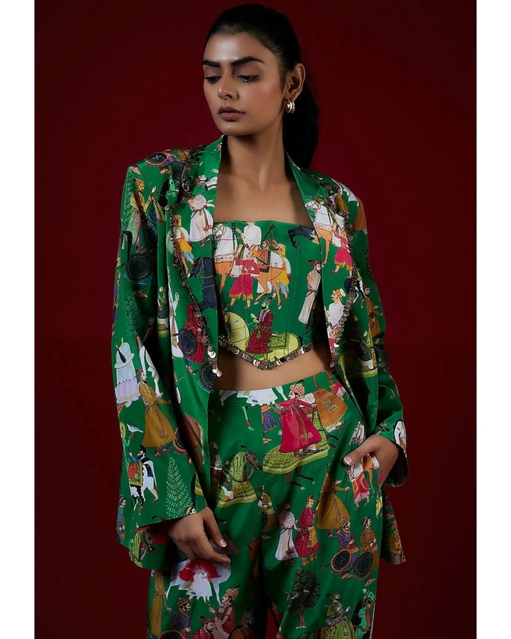 Green Printed Pant Suit Set