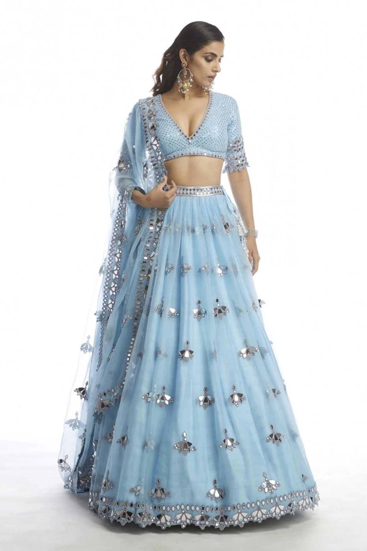 Ice Blue Knife Pleated Mirror Lehanga - Ready To Ship