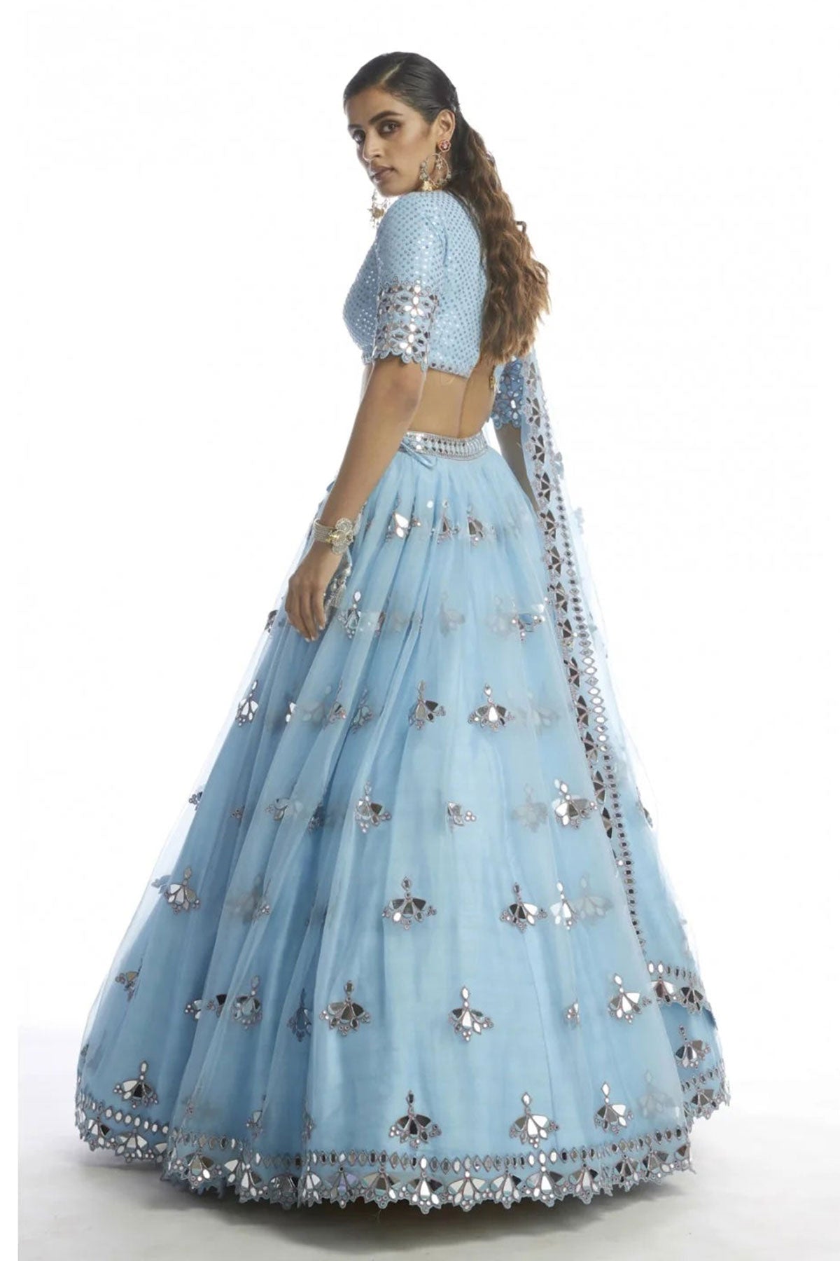 Ice Blue Knife Pleated Mirror Lehanga - Ready To Ship