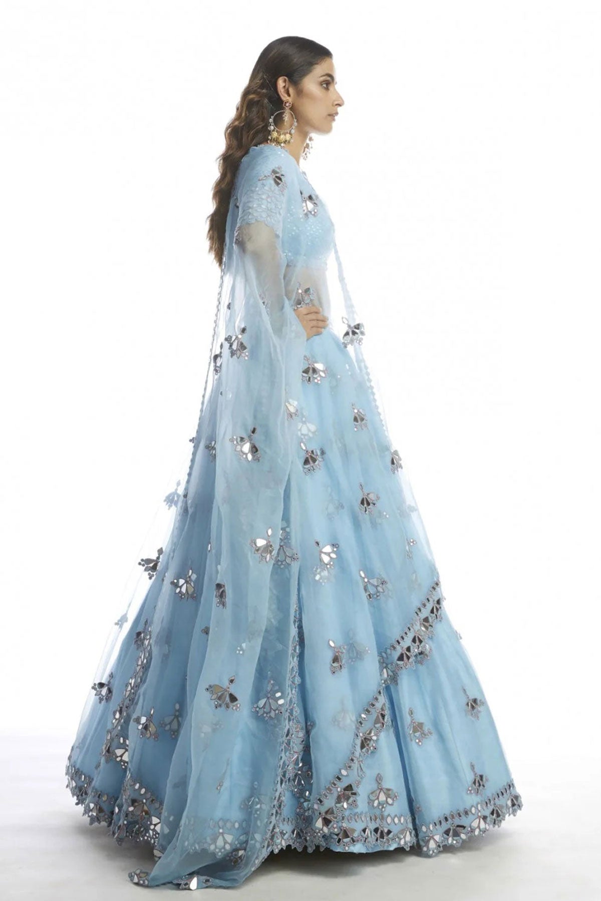 Ice Blue Knife Pleated Mirror Lehanga - Ready To Ship