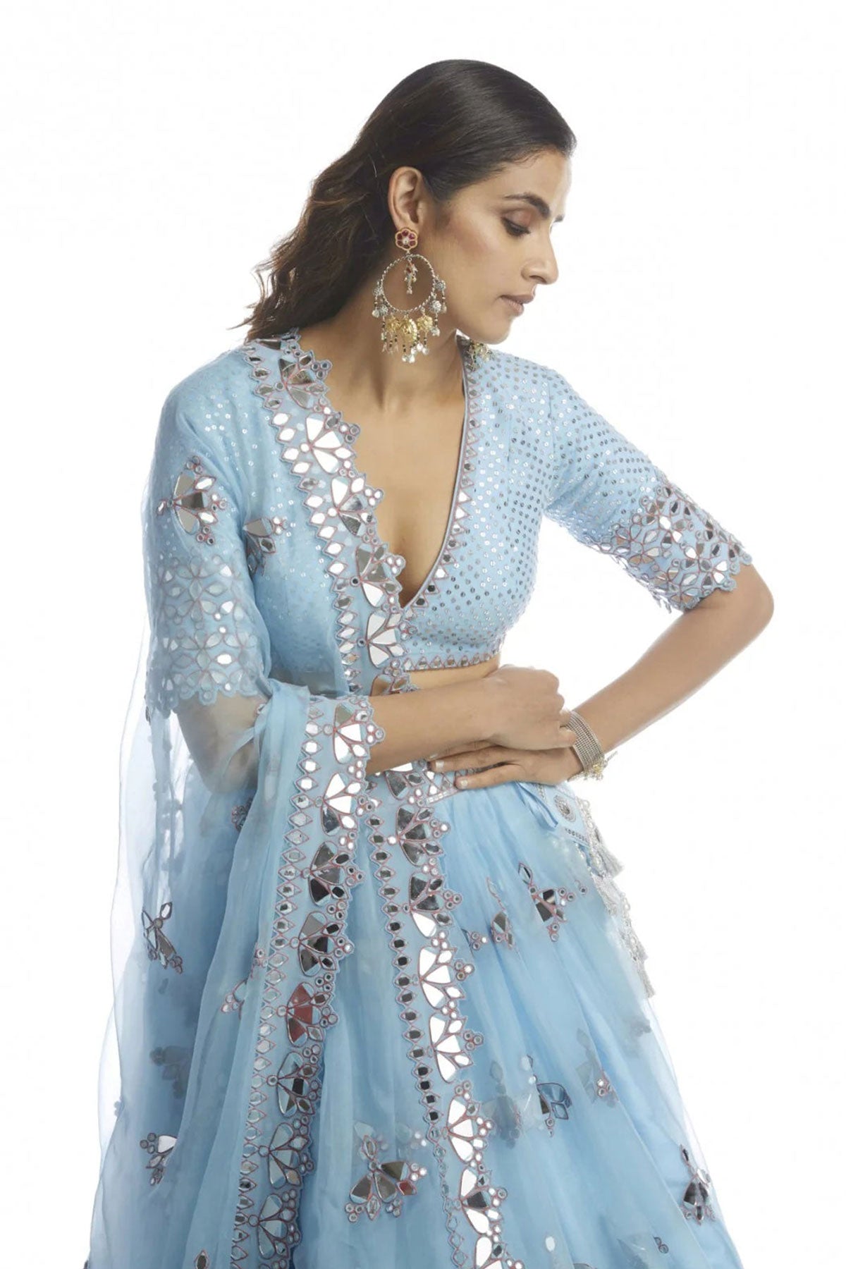 Ice Blue Knife Pleated Mirror Lehanga - Ready To Ship