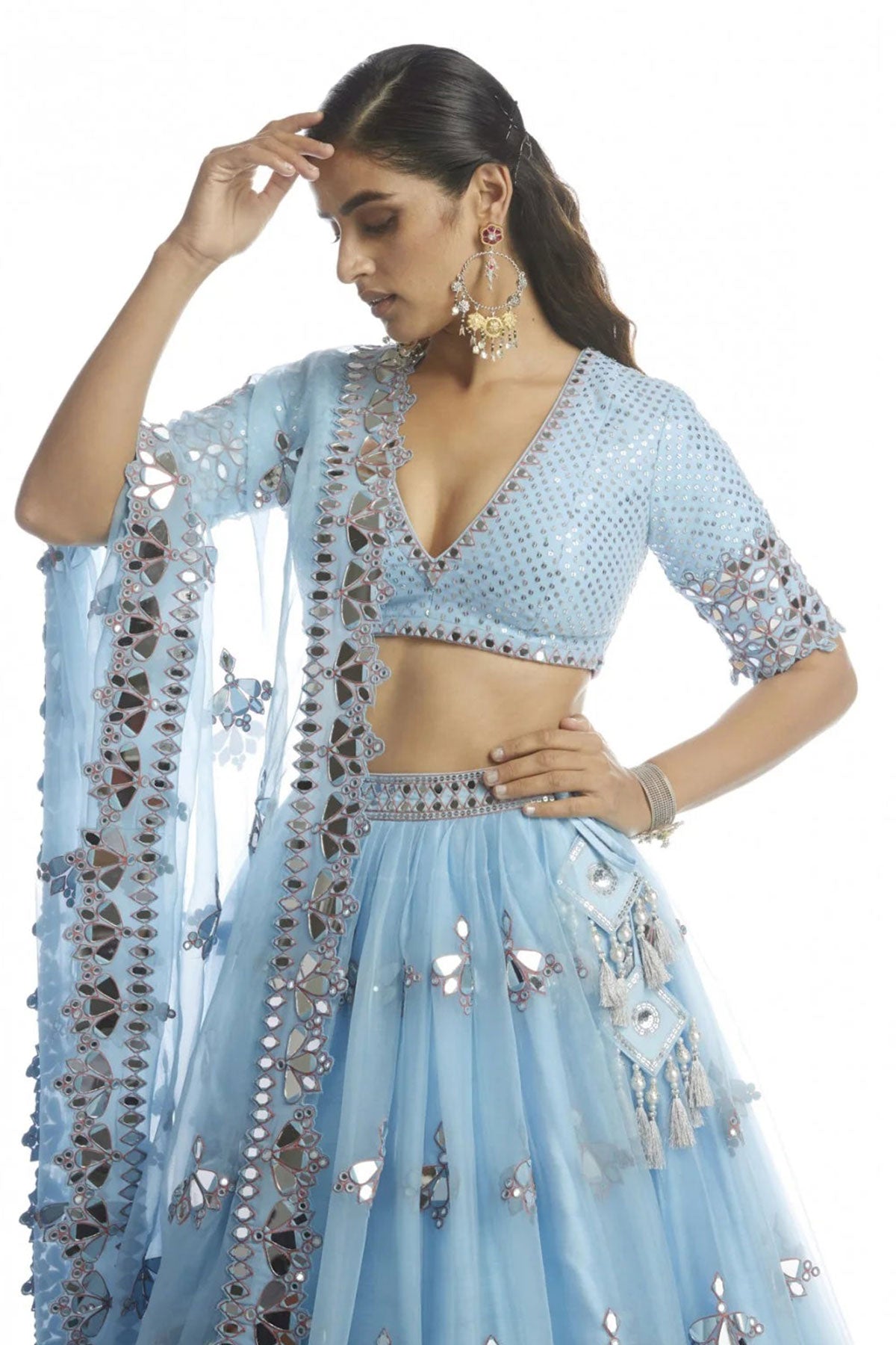 Ice Blue Knife Pleated Mirror Lehanga - Ready To Ship
