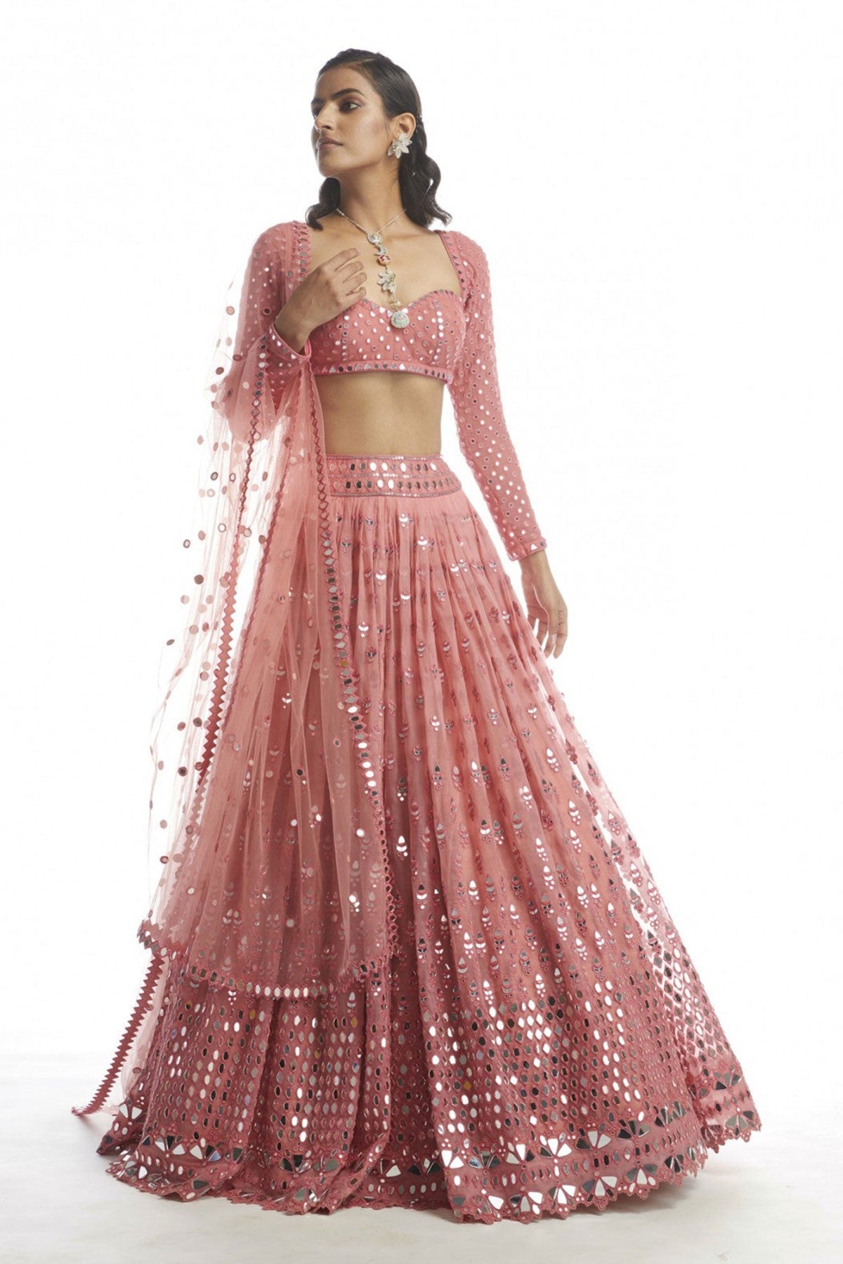 Dull Coral Mirror Gradation Lehanga - Ready To Ship