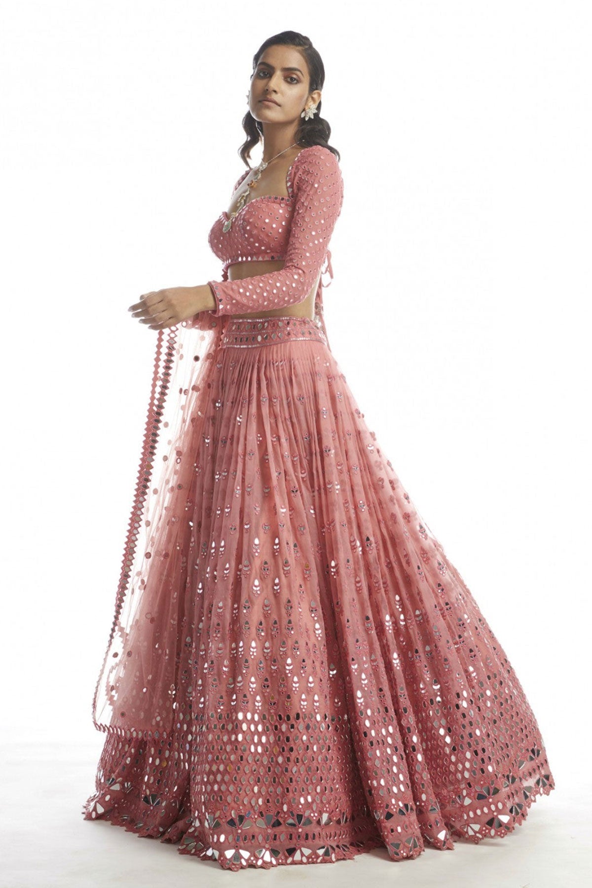 Dull Coral Mirror Gradation Lehanga - Ready To Ship