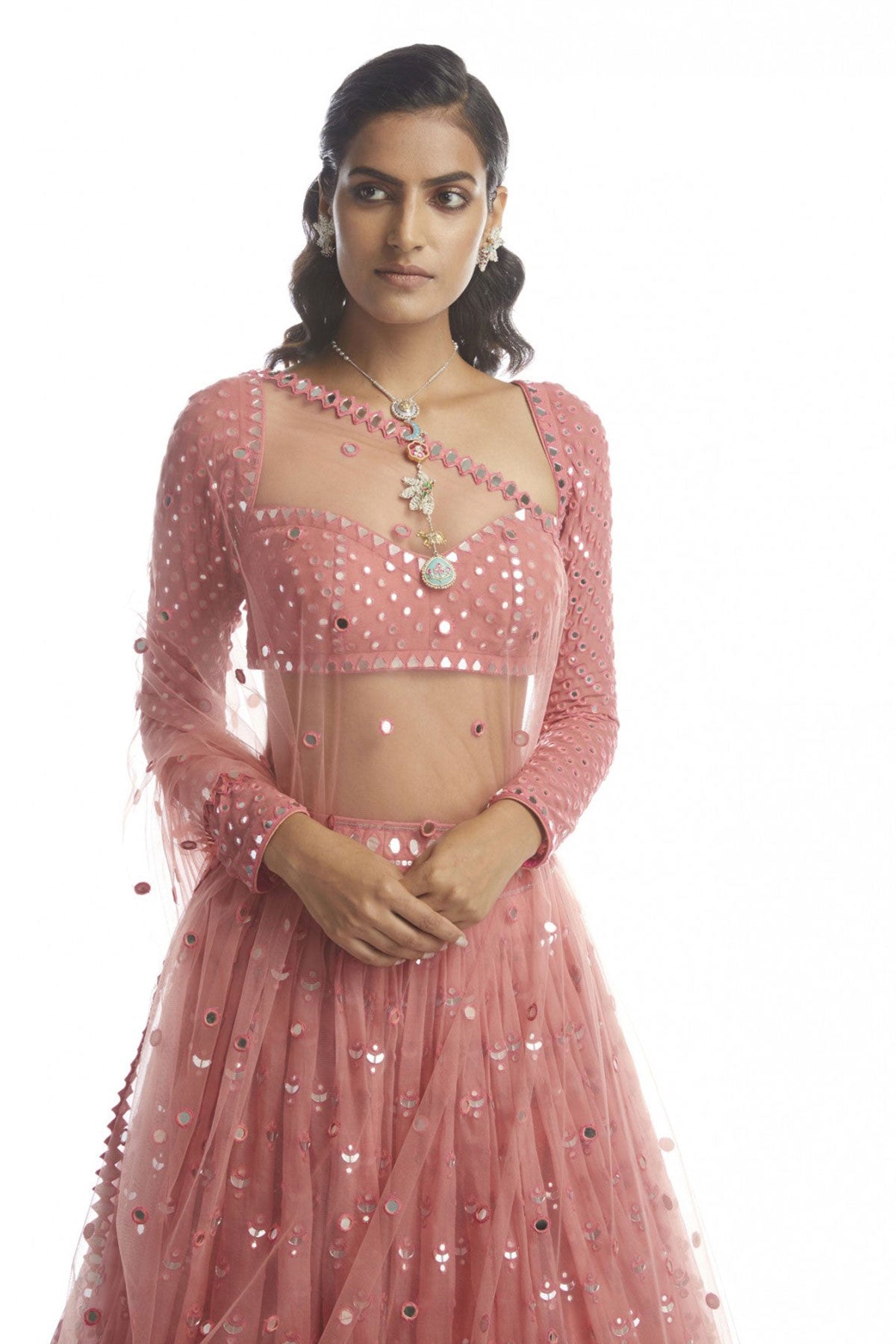 Dull Coral Mirror Gradation Lehanga - Ready To Ship