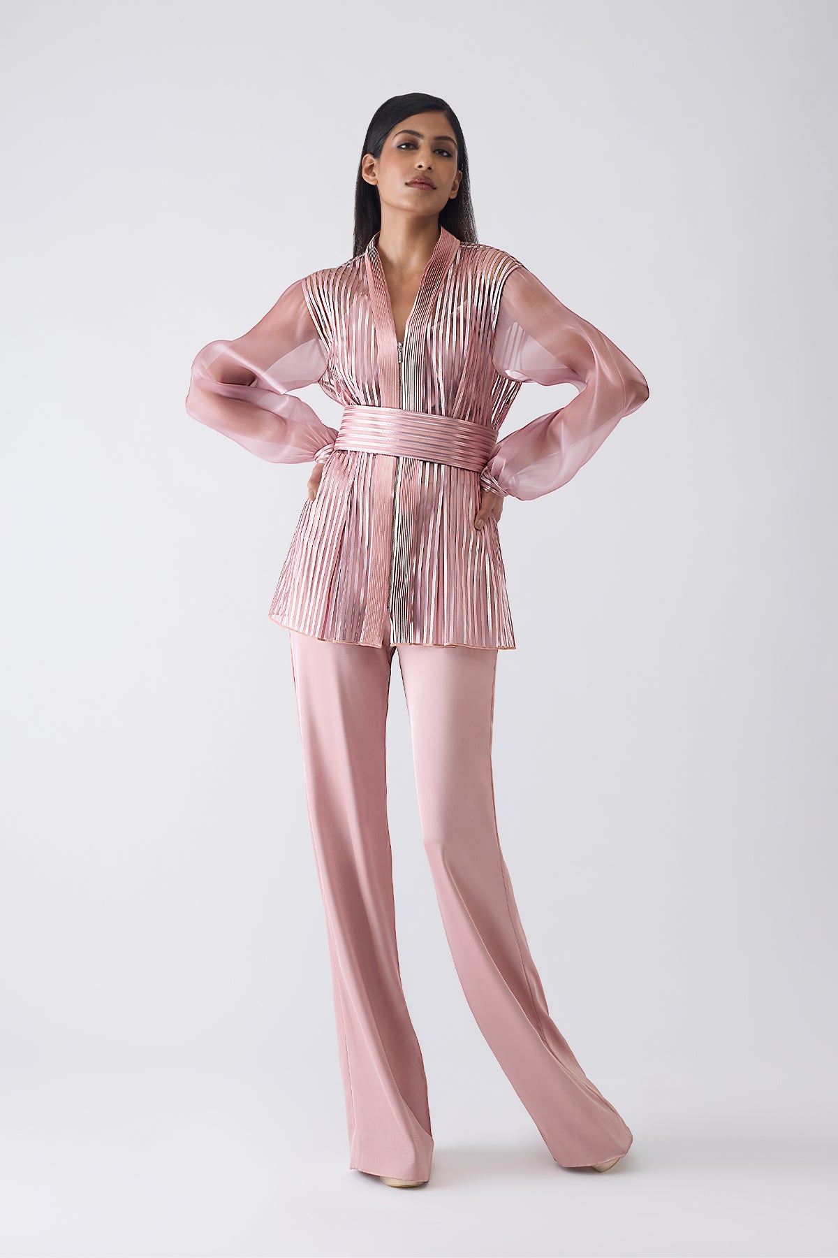 Metallic Structured Cape With Pants And Slip And Belt