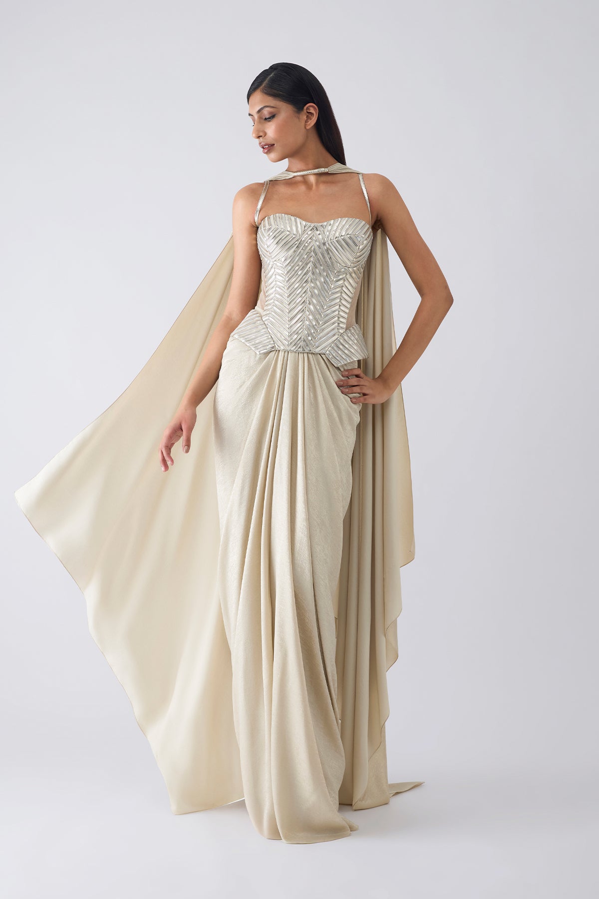 Metallic Structured Corset , Skirt And Drape