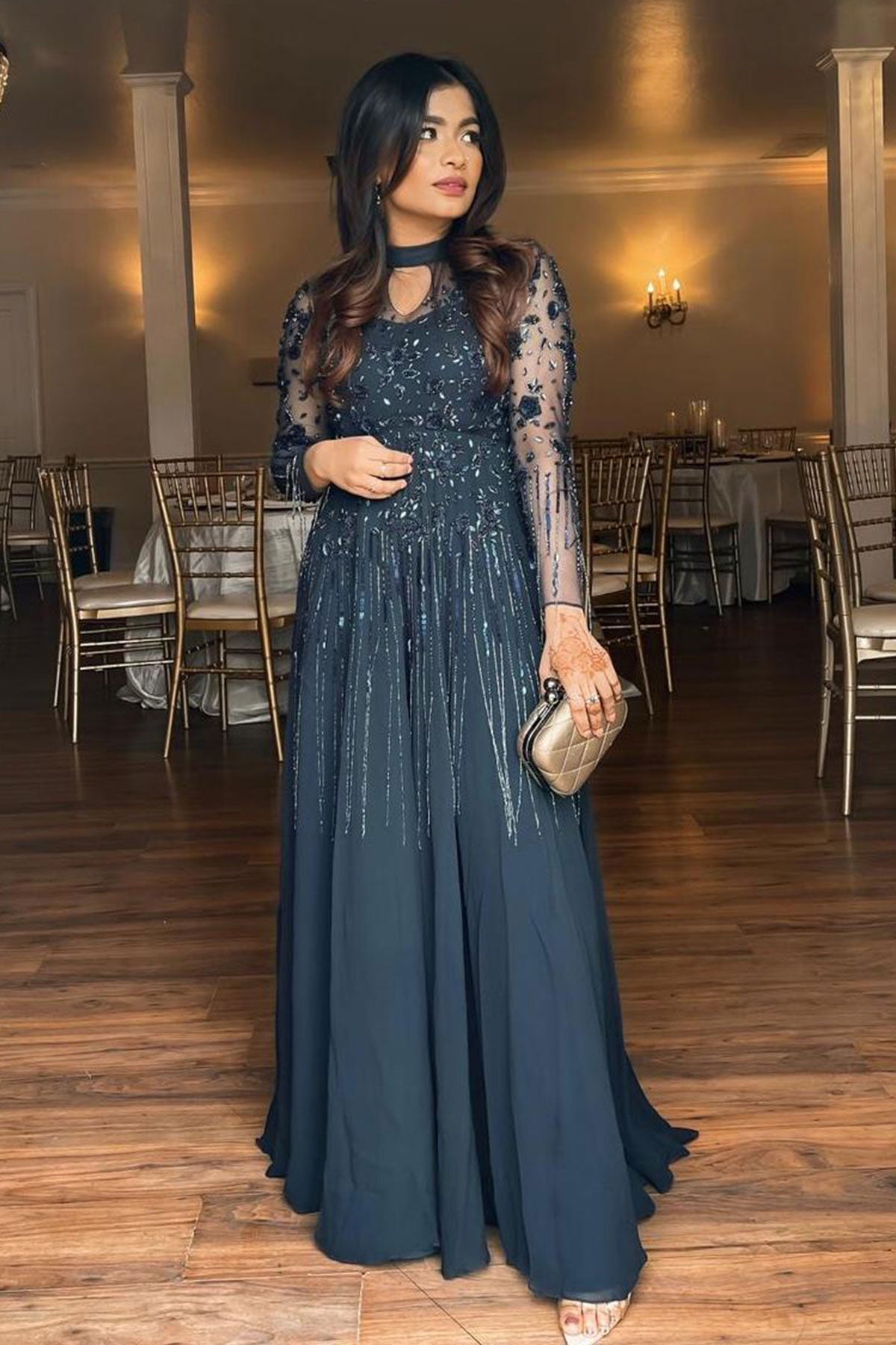 evening dress ready to ship Gown with Embellished Long Sleeves