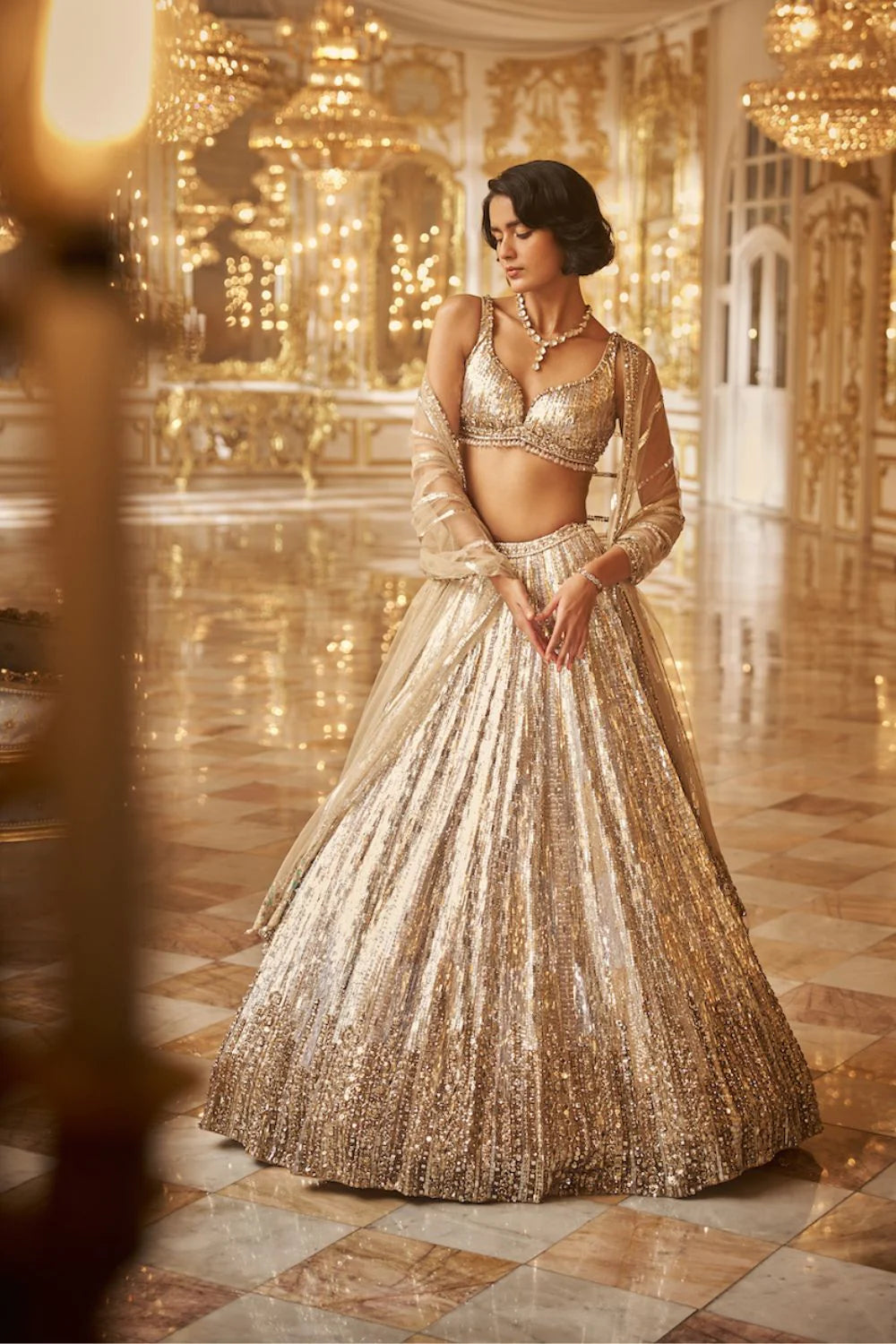 Silver Gold Crystal Lehenga Set Silver Gold Crystal Lehenga Set