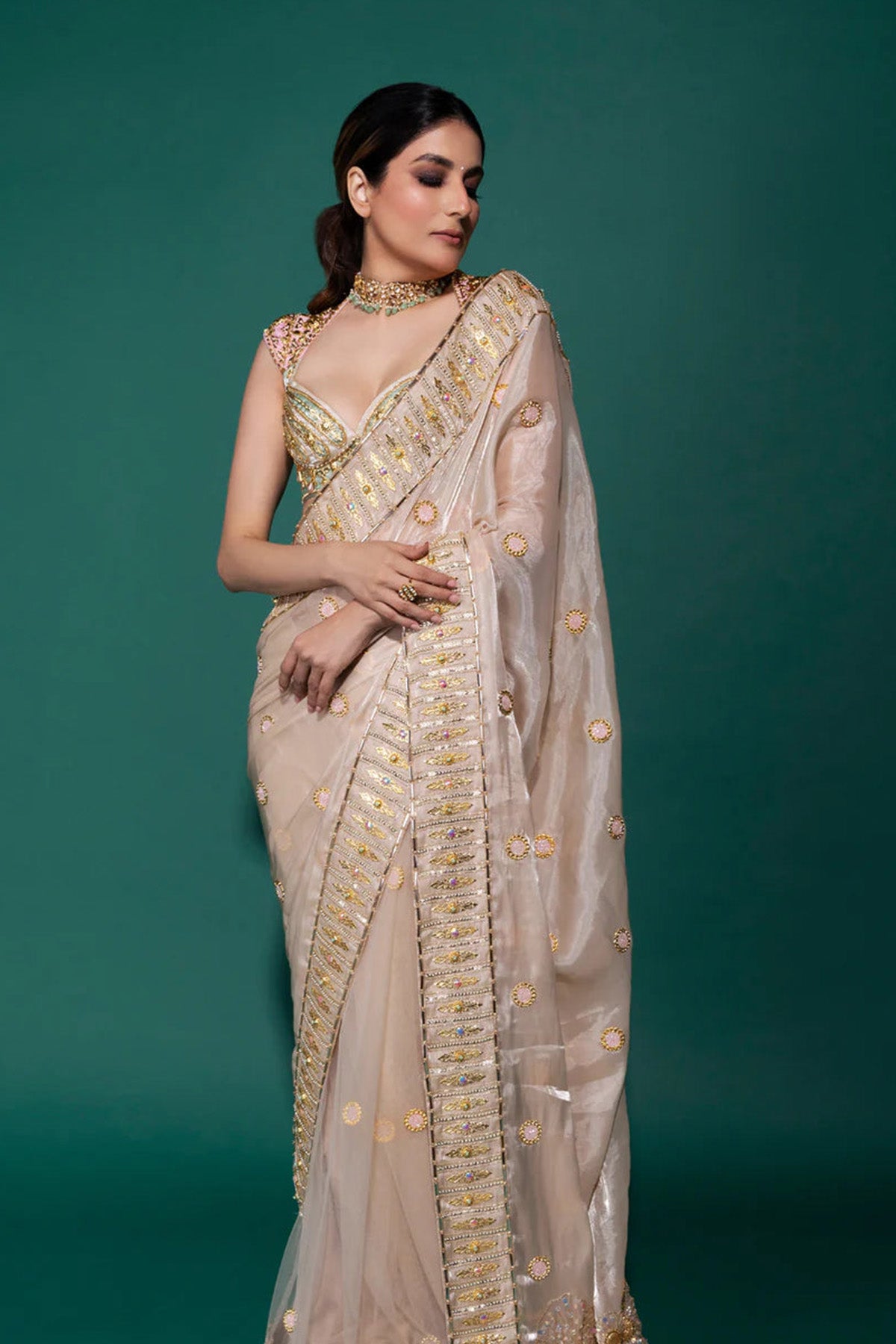 CRYSTAL CASCADE- IVORY ORGANZA SAREE
