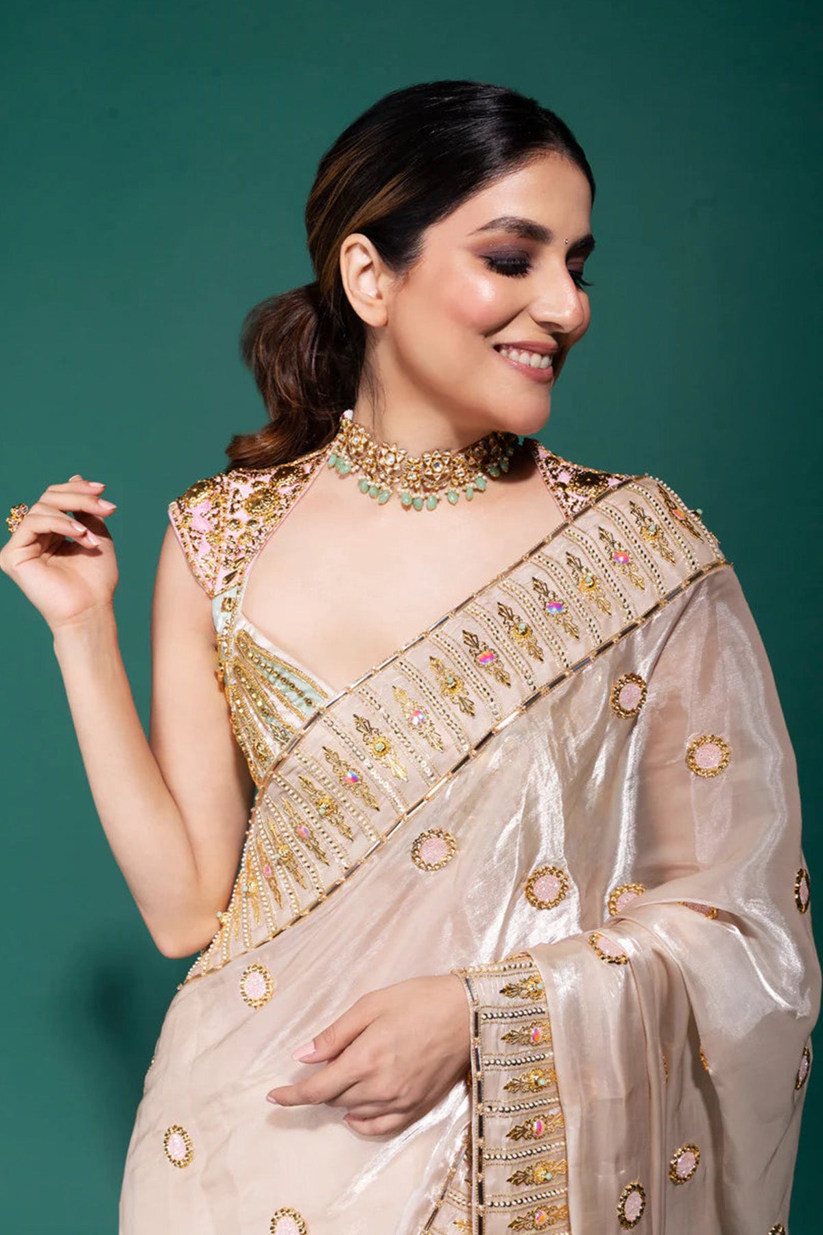 CRYSTAL CASCADE- IVORY ORGANZA SAREE