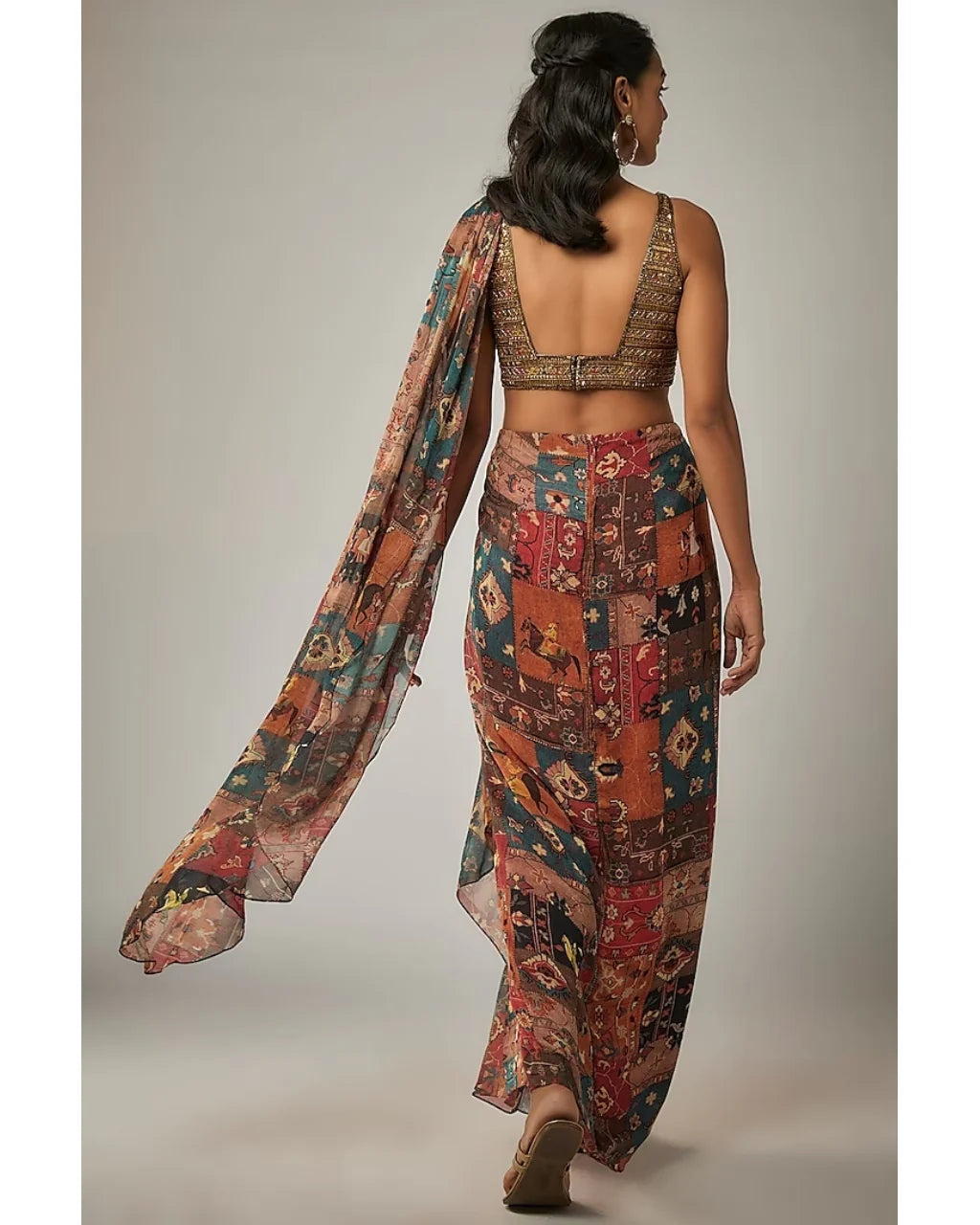 Multicolor Printed Mughal Rhapsody Pre Draped Sari Set