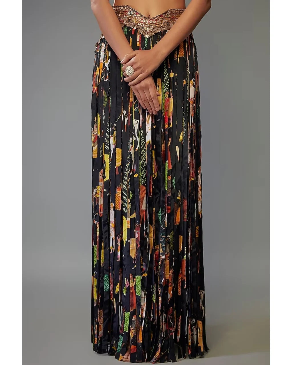 Black Crepe Printed Fringe Skirt Set