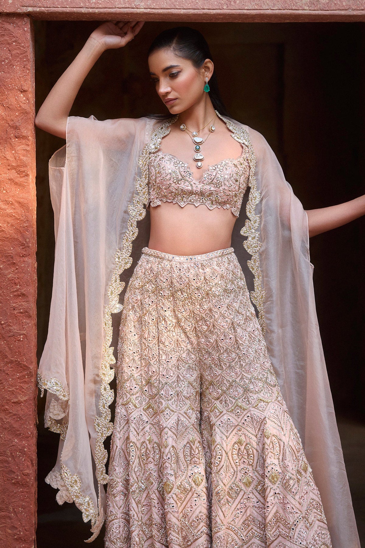 Nude Peach Rawsilk High Waist Sharara And Cape Set