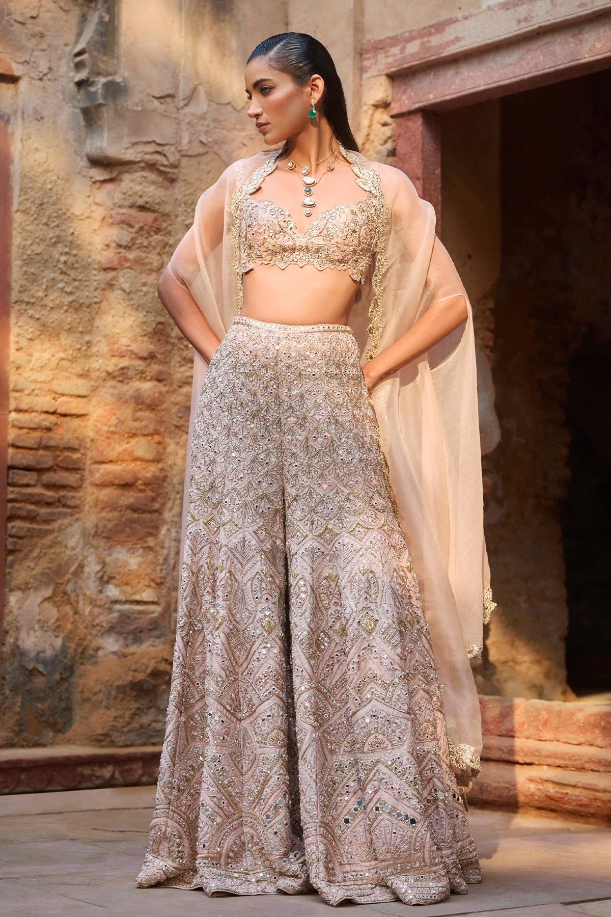 Nude Peach Rawsilk High Waist Sharara And Cape Set