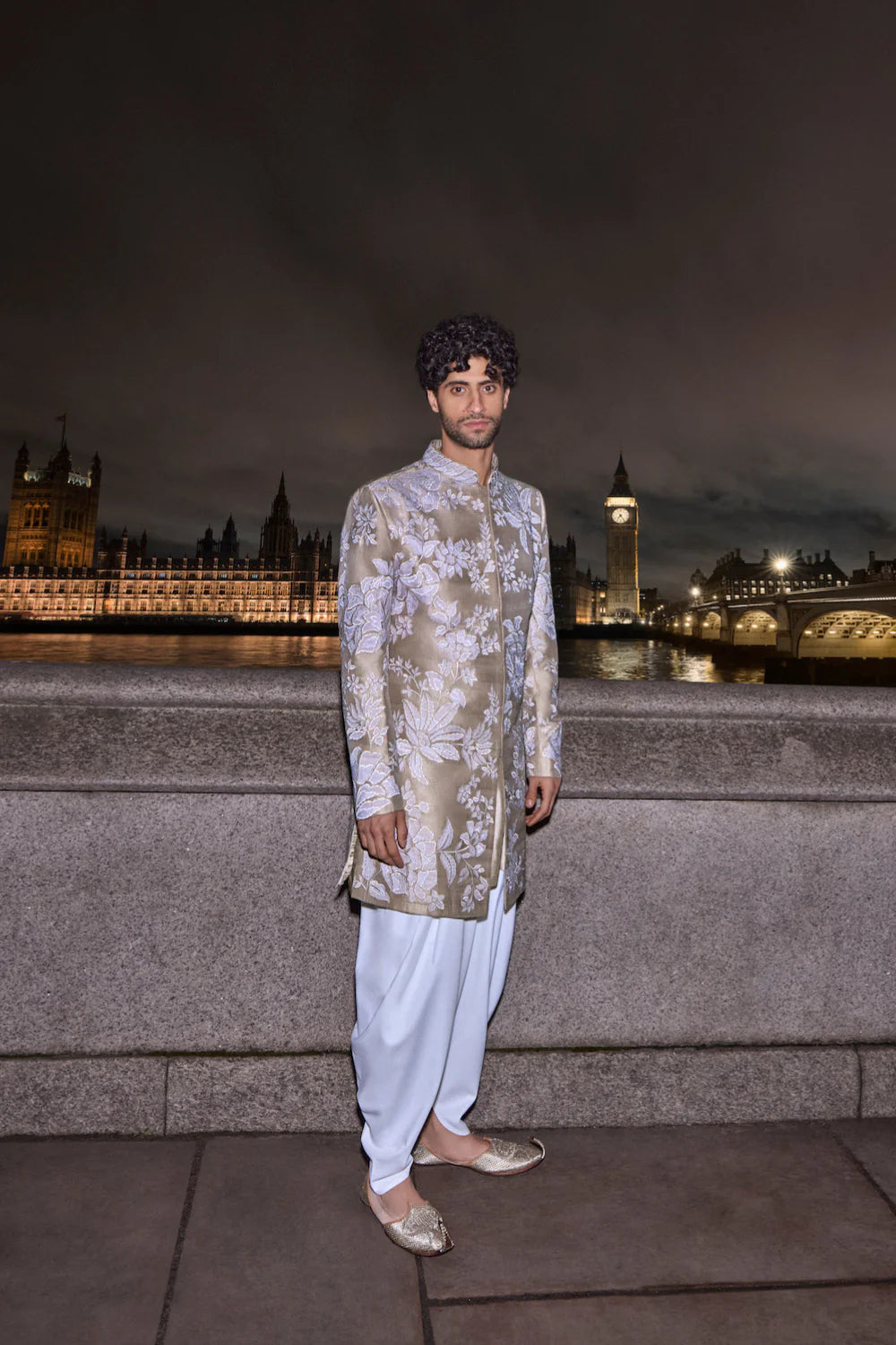 Nude Floral Sherwani Set