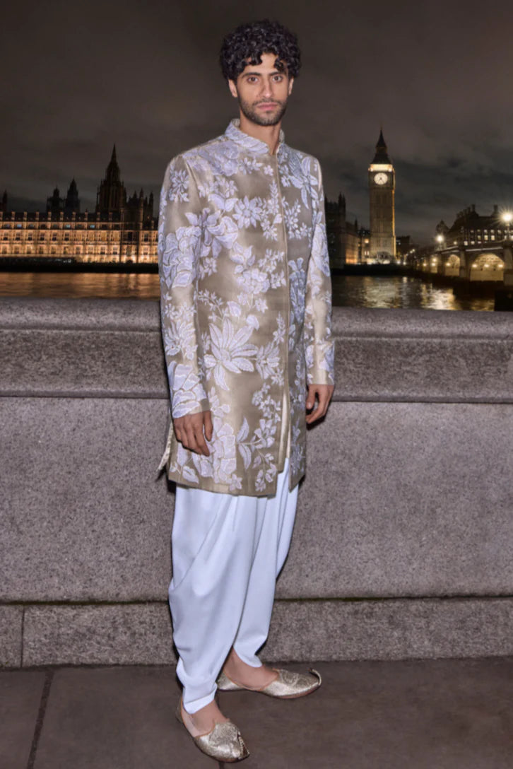 Nude Floral Sherwani Set