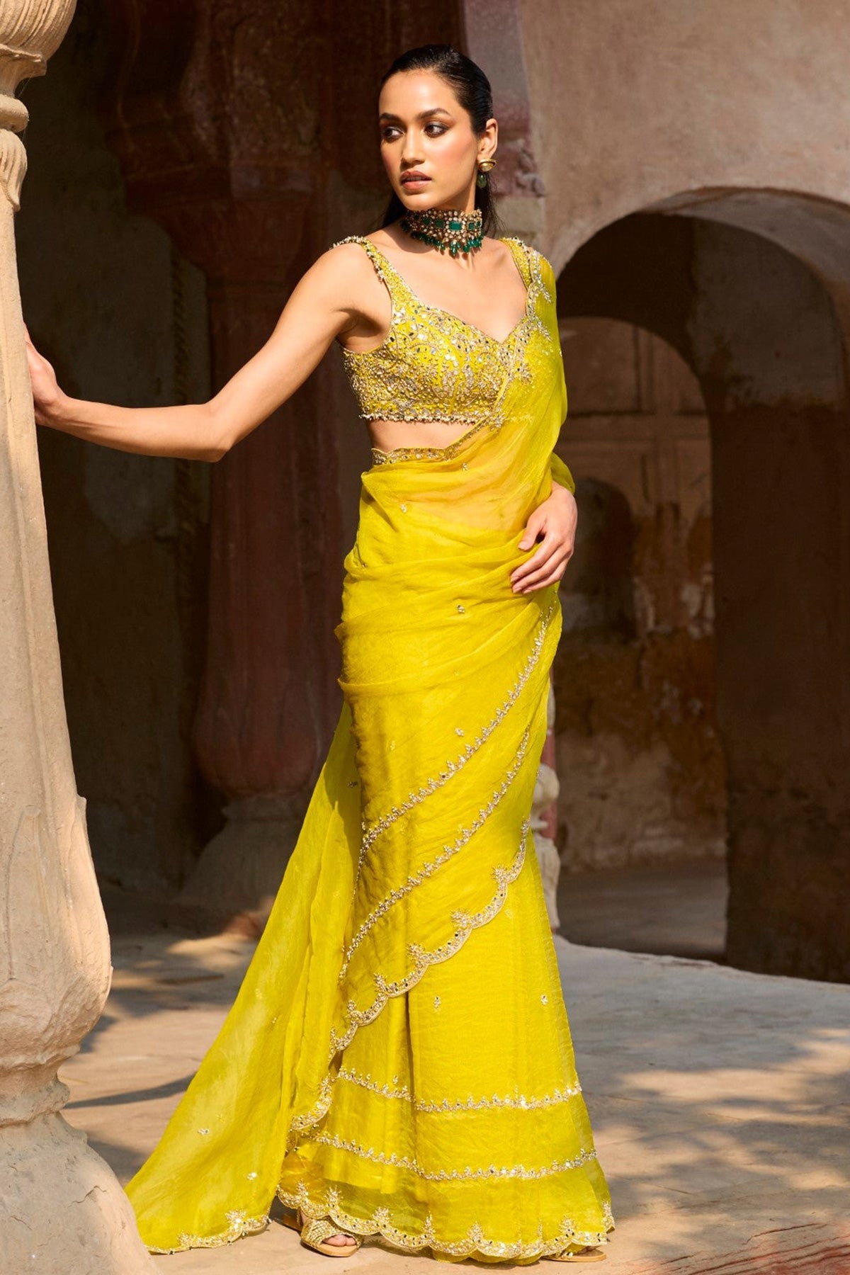 Lime Yellow Organza Saree Set