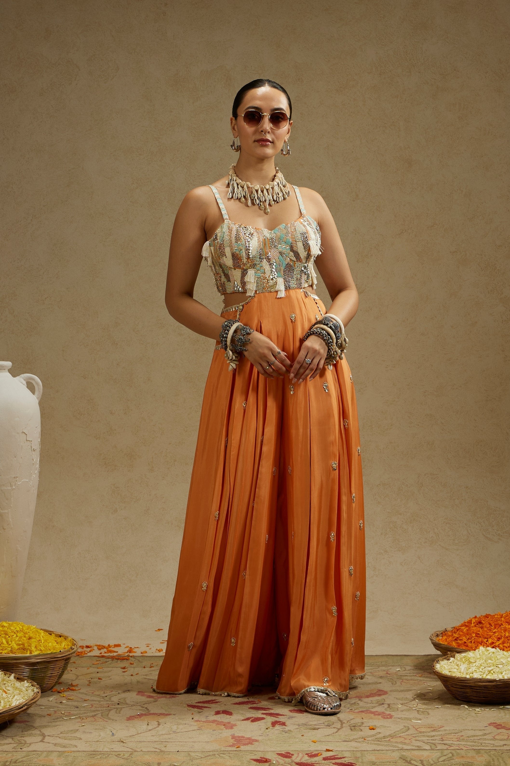 ORANGE EMBELLISHED JUMPSUIT WITH POCKETS