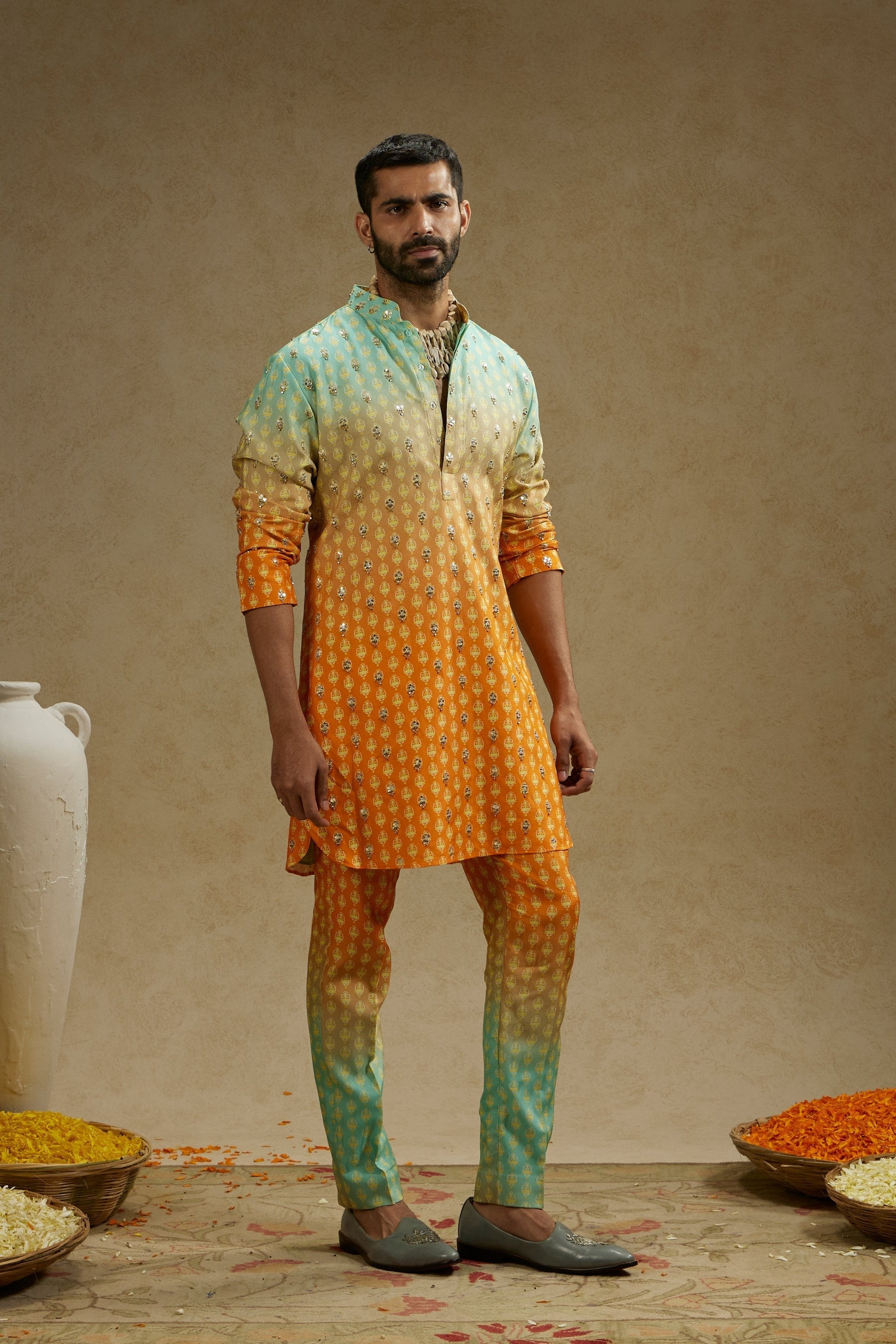 Blue Orange Ombre Print Highlighted Kurta Set