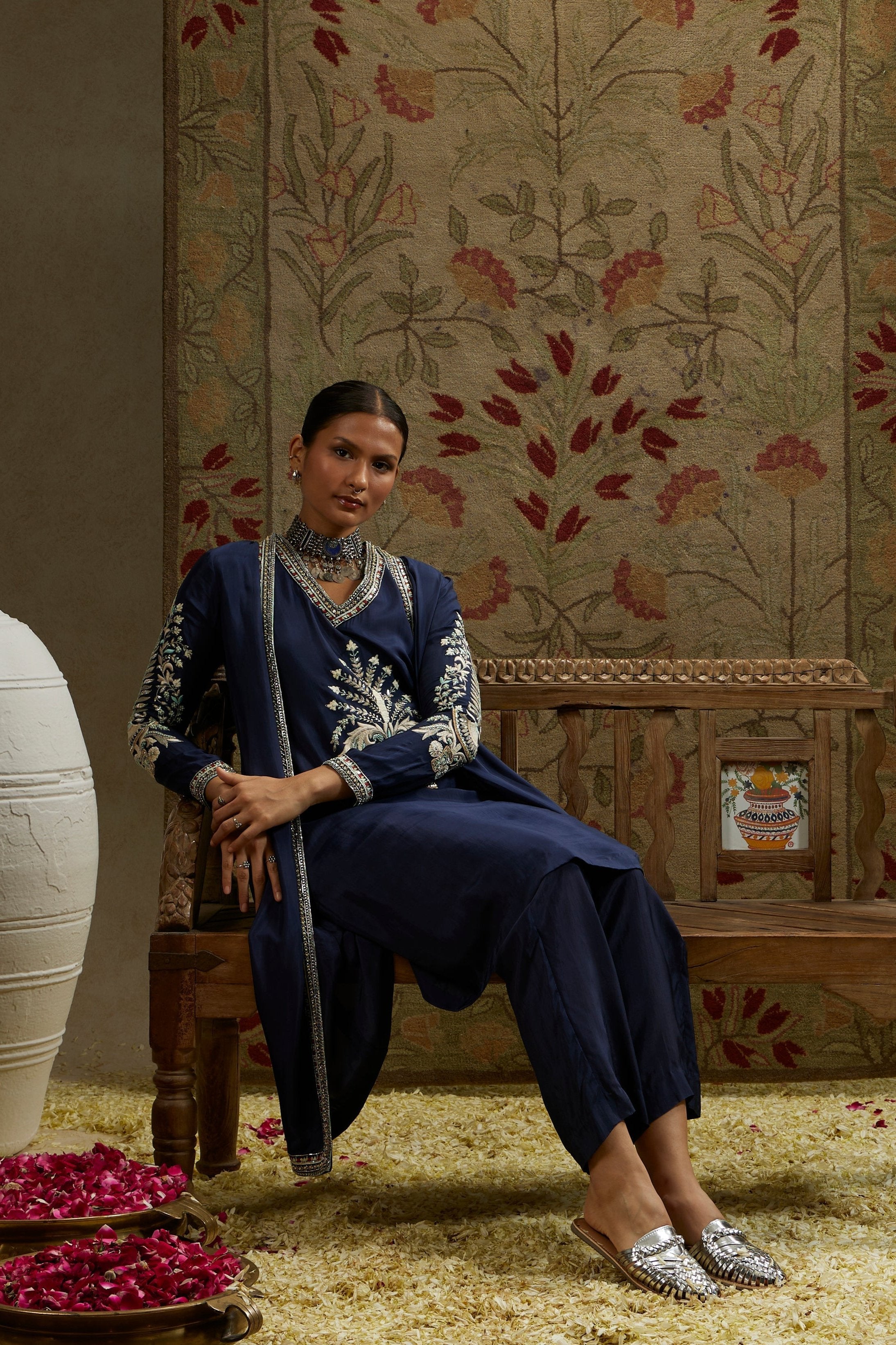 BLUE FRONT KURTA PAIRED WITH JACKET AND PANTS