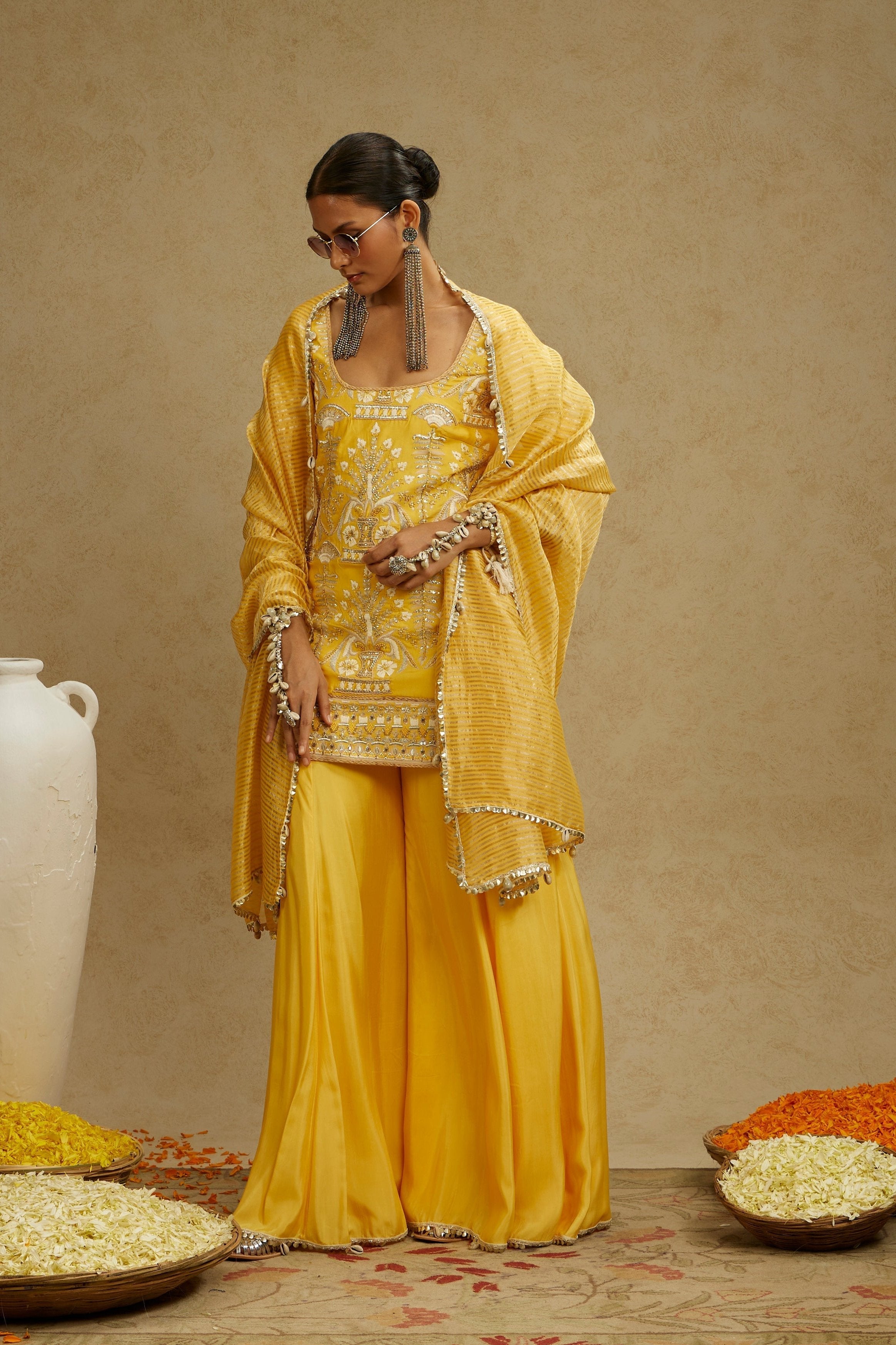 YELLOW EMBELLISHED KURTA PAIRED WITH SHARARA AND STRIPE DUPATTA