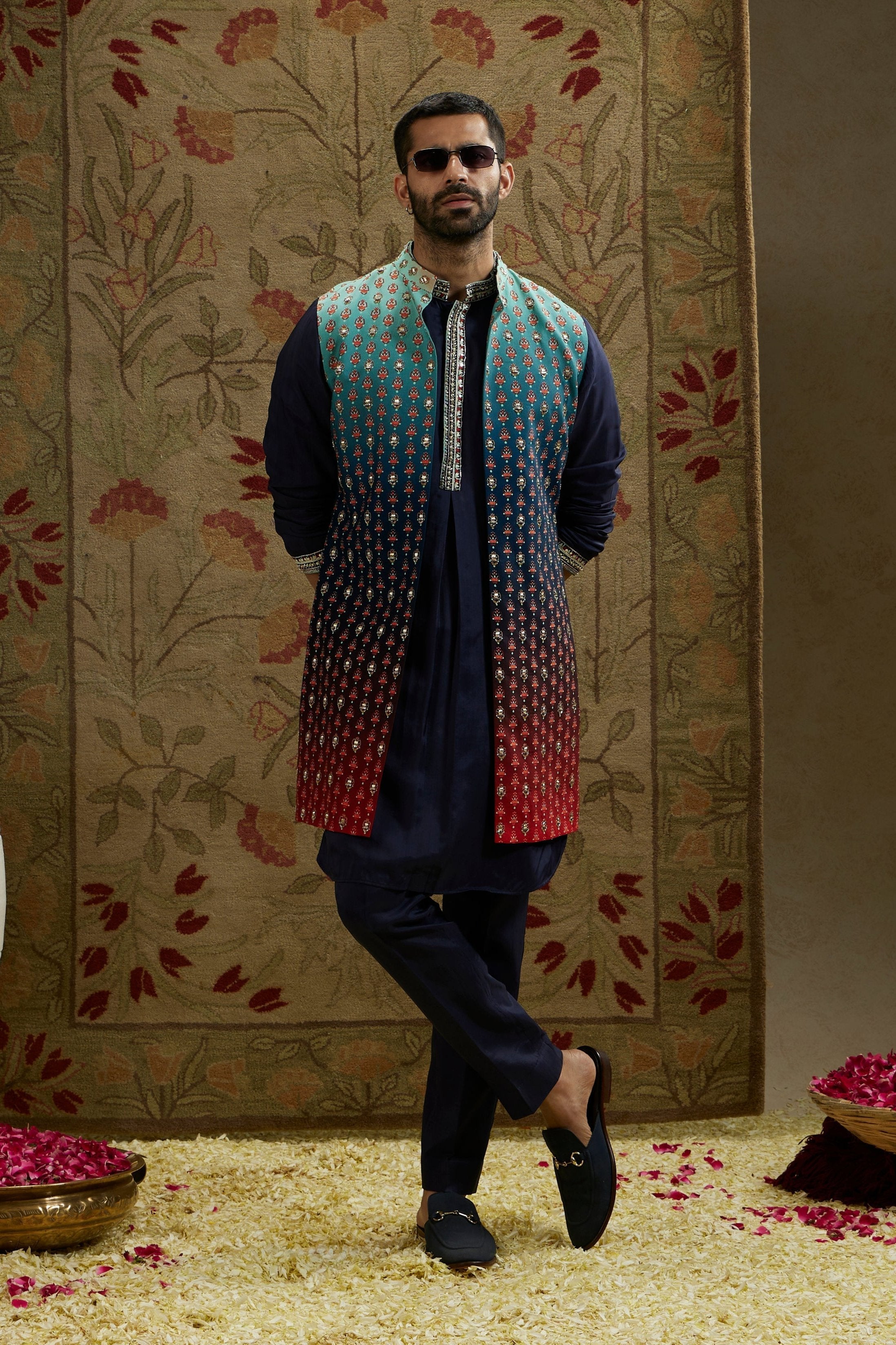 BLUE RED OMBRE EMBROIDERED LONG BUNDI