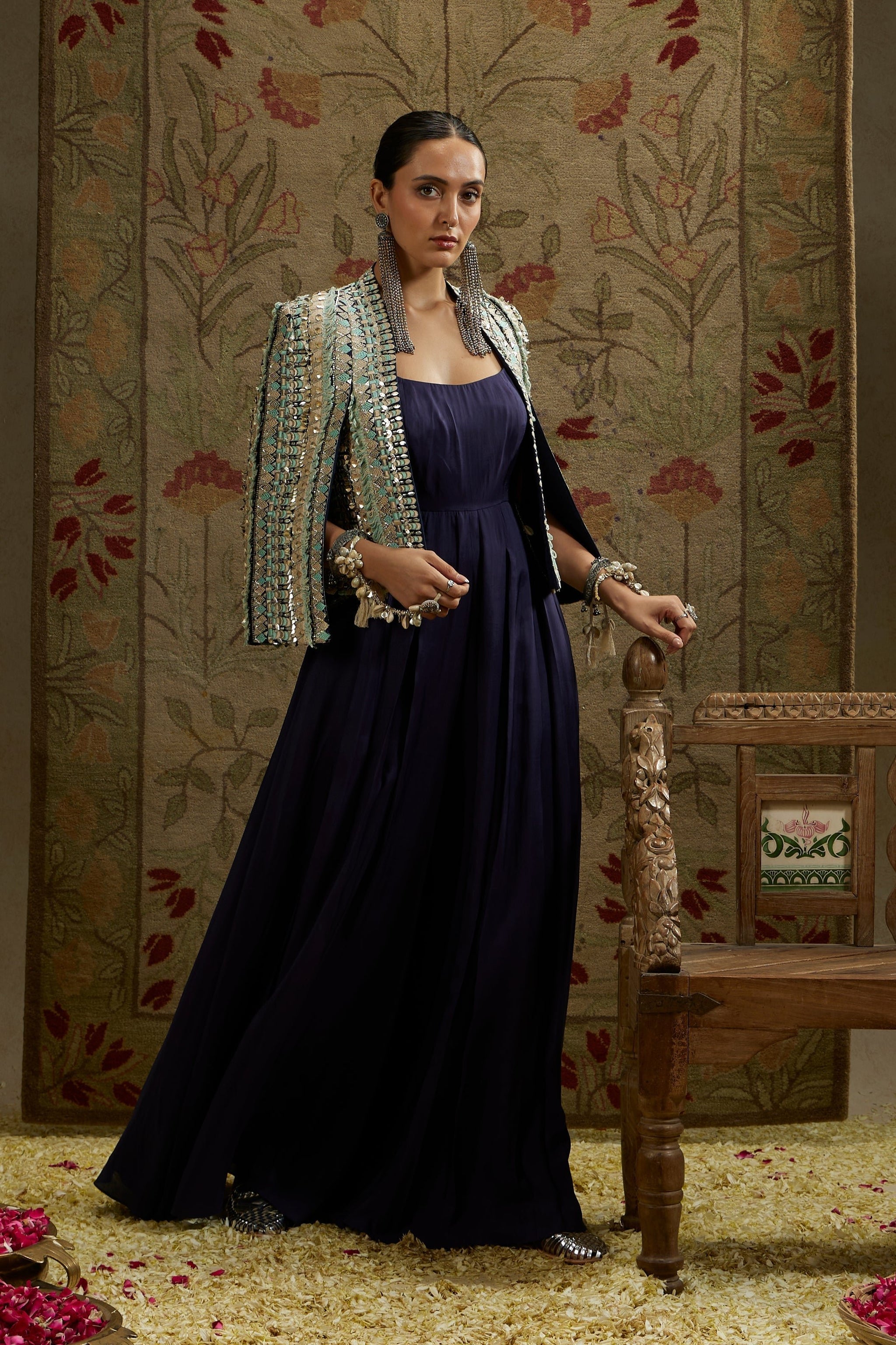 TALE BLUE EMBELLISHED JACKET WITH MIDNIGHT BLUE JUMPSUIT 14 / Regular