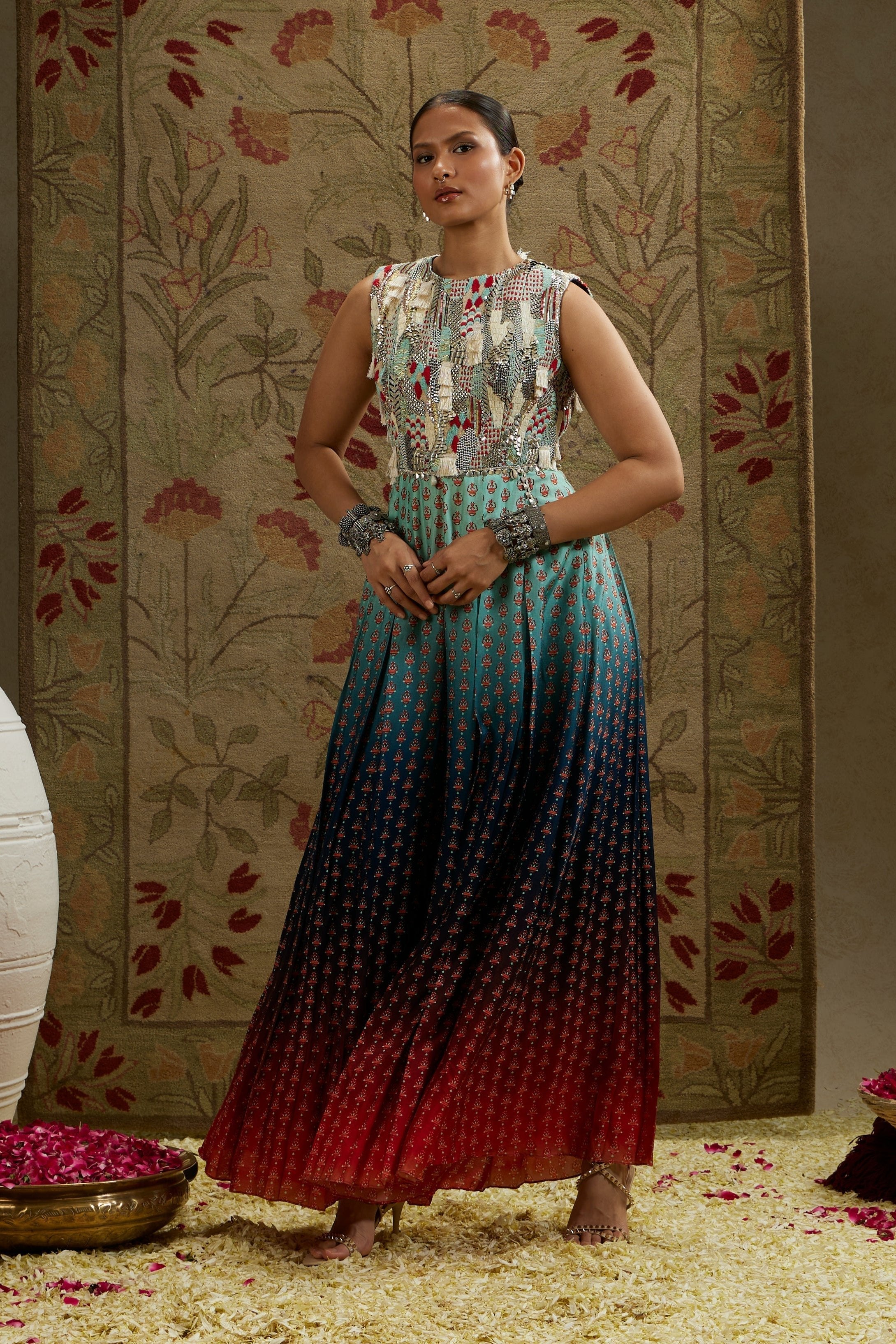 BLUE RED OMBRE BUTTI EMBELLISHED JUMPSUIT