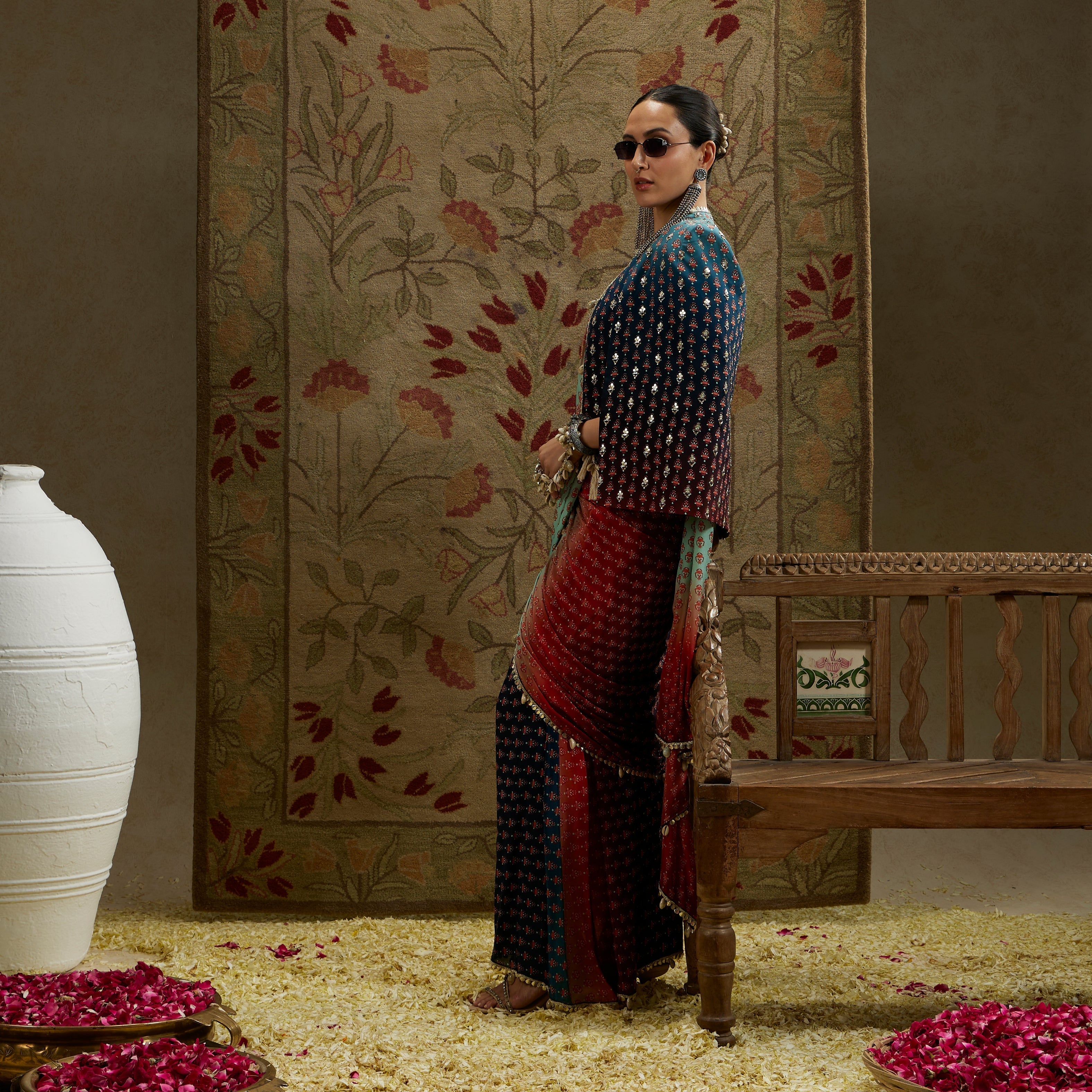 Red & Blue Ombre Print Cascade Saree With Metal Embellished Bustier Paired With Blue Ombre Embellished Cape Jacket